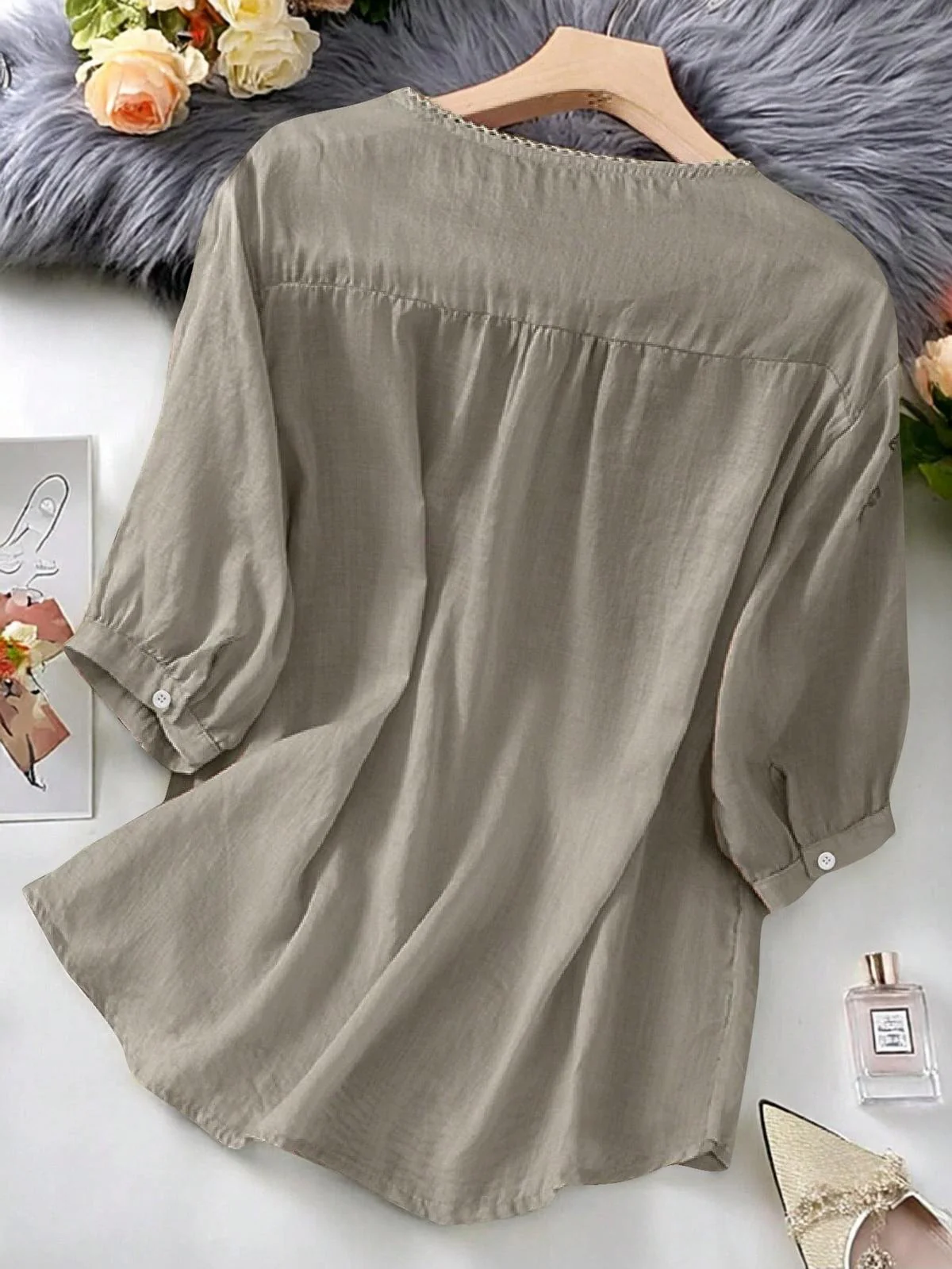 Chic YC Women's Floral Embroidered 3/4 Sleeve Blouse Ruffled Crew Neck Summer Top - Image 77