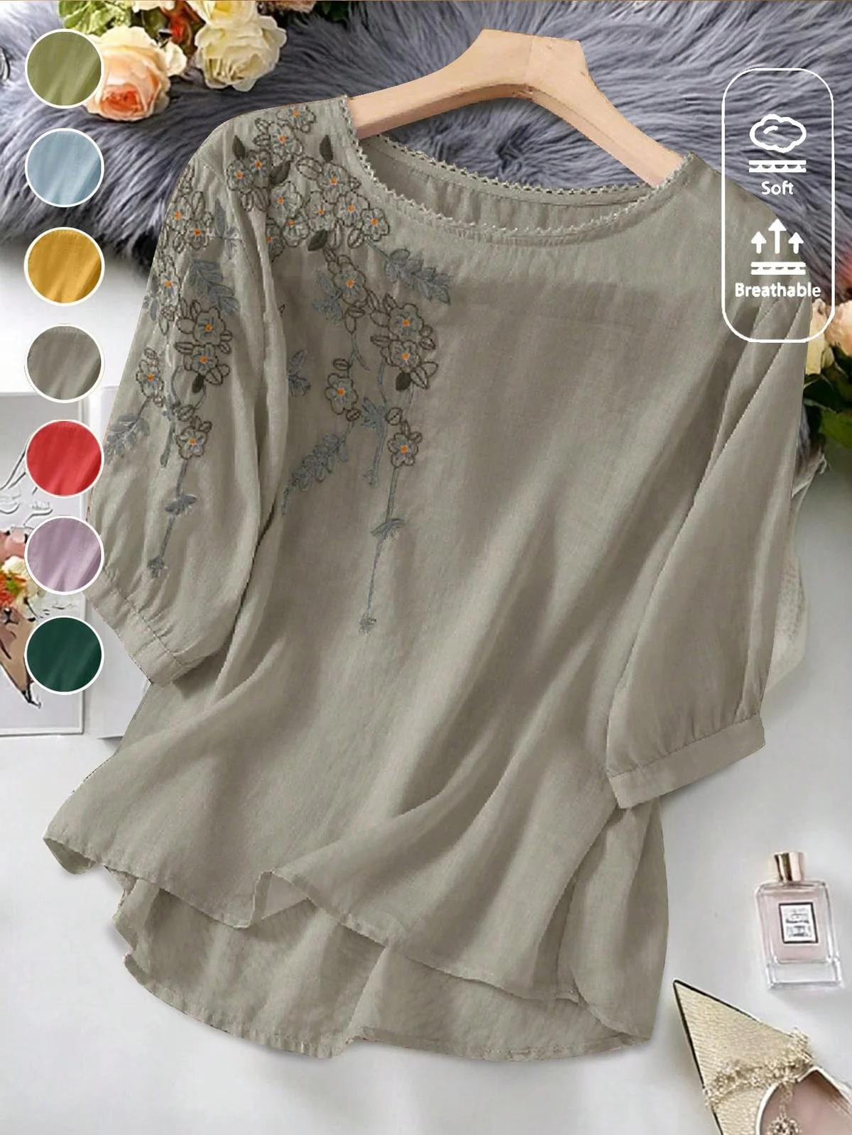 Chic YC Women's Floral Embroidered 3/4 Sleeve Blouse Ruffled Crew Neck Summer Top - Image 78