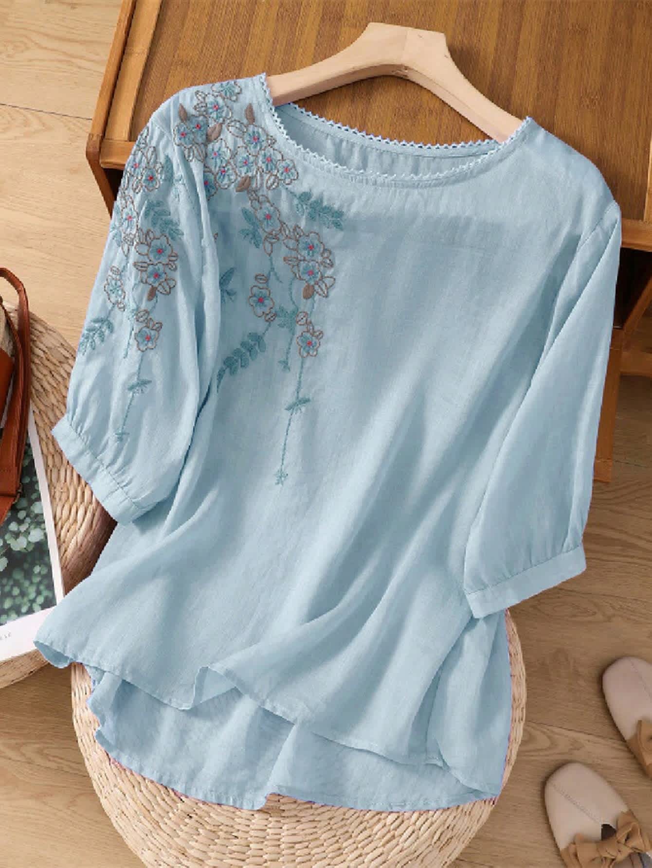 Chic YC Women's Floral Embroidered 3/4 Sleeve Blouse Ruffled Crew Neck Summer Top - Image 8