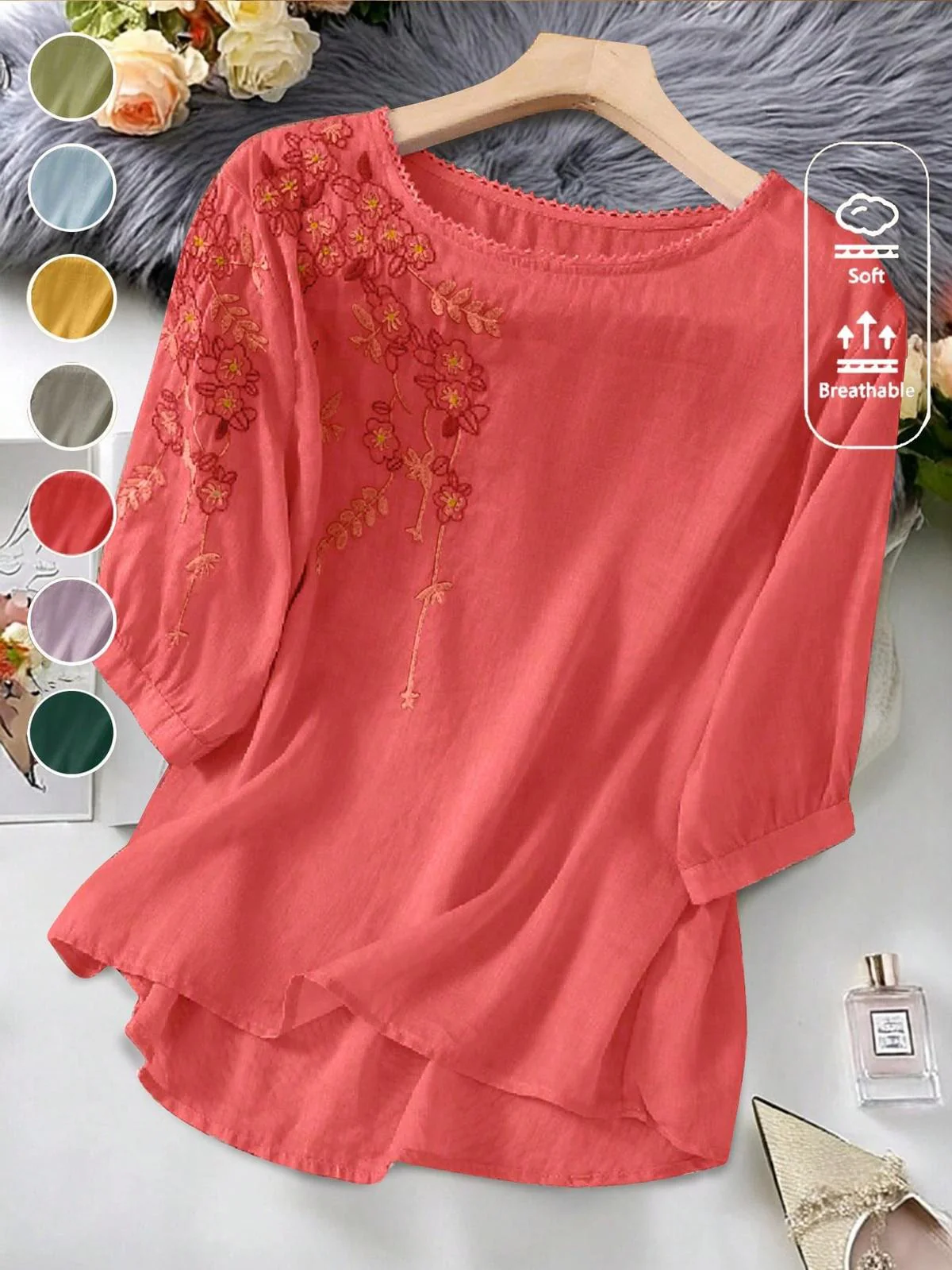 Chic YC Women's Floral Embroidered 3/4 Sleeve Blouse Ruffled Crew Neck Summer Top - Image 82