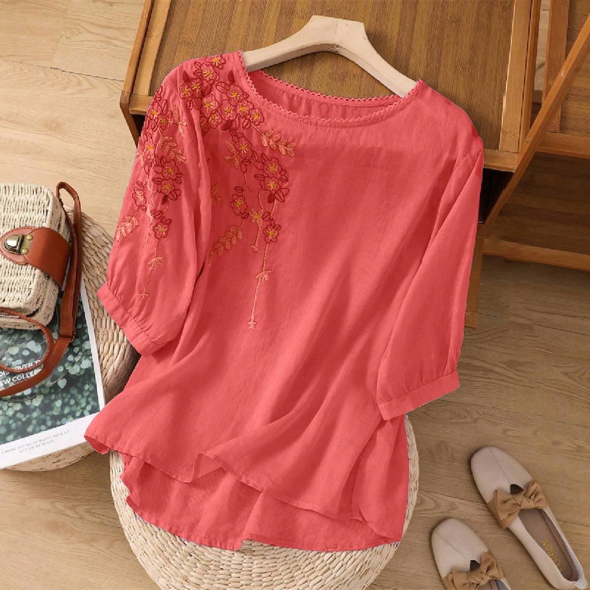 Chic YC Women's Floral Embroidered 3/4 Sleeve Blouse Ruffled Crew Neck Summer Top - Image 83