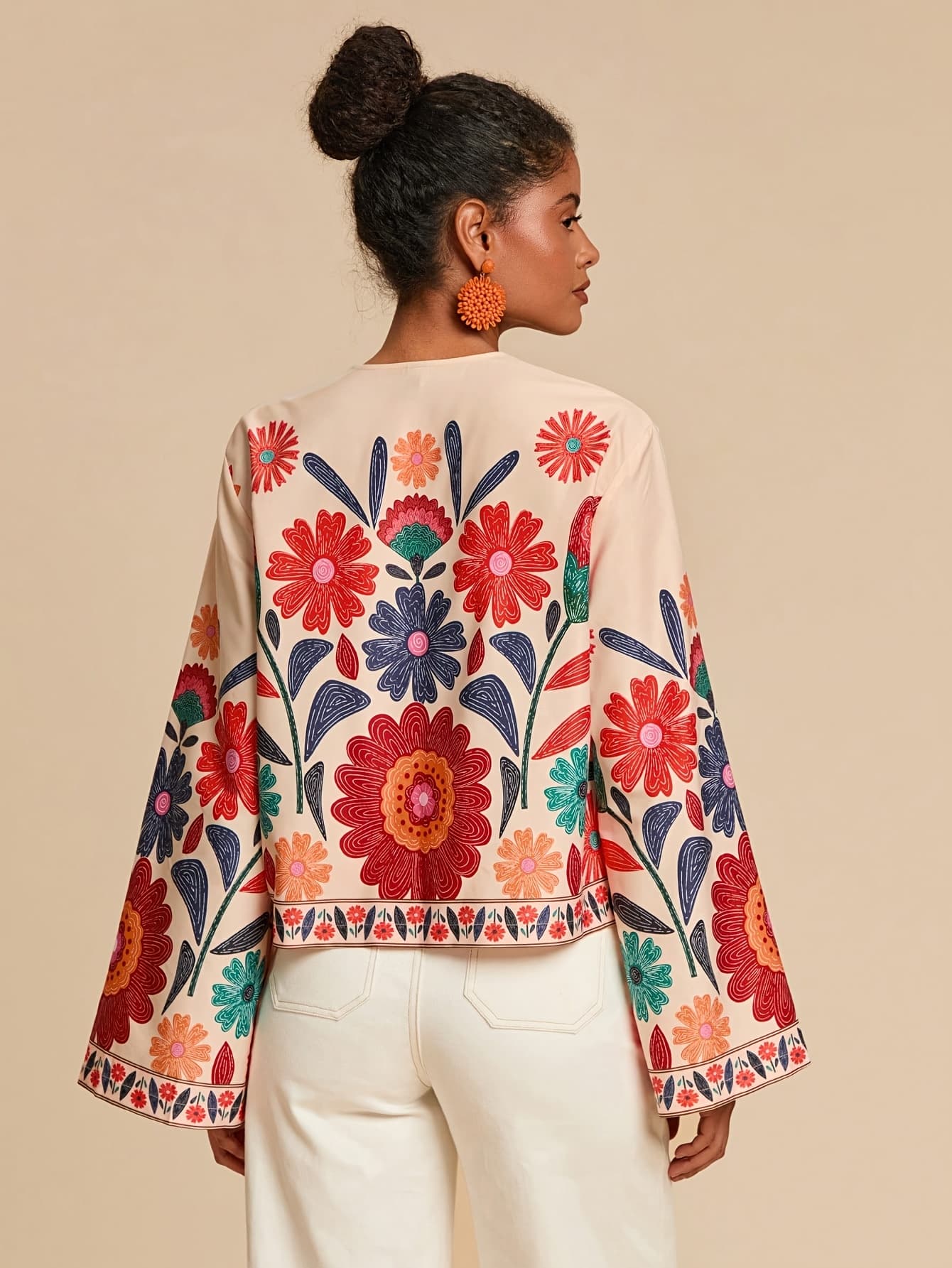 Chic YC Women's Floral Embroidered Tie-Front Top Spring Boho Bell Sleeve Crop Blouse - Image 4