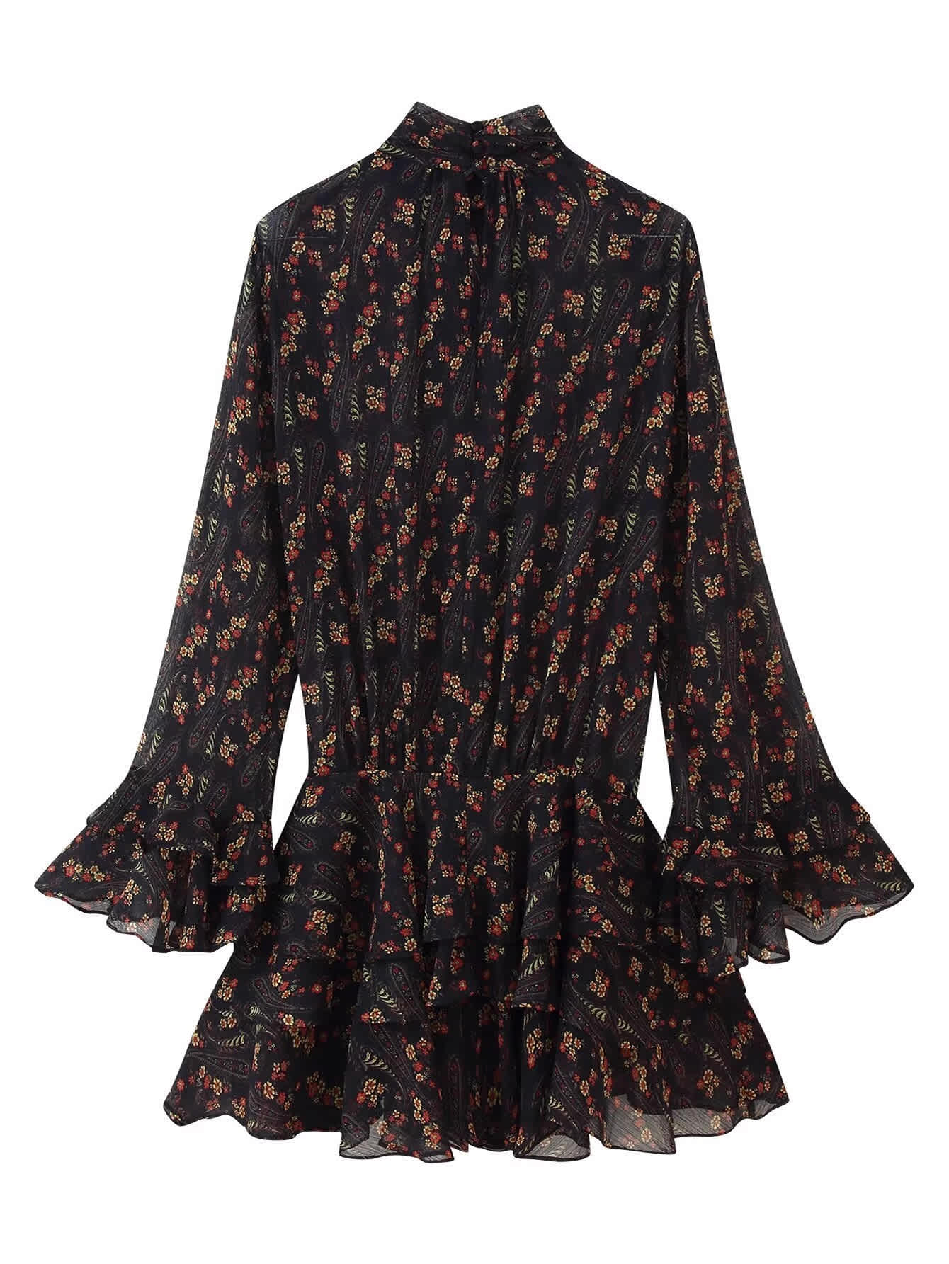 Chic YC Women's Floral Print Ruffle Mini Dress Long Bell Sleeve Mock Neck Flowy Boho Spring Summer Casual Dress Black - Image 19