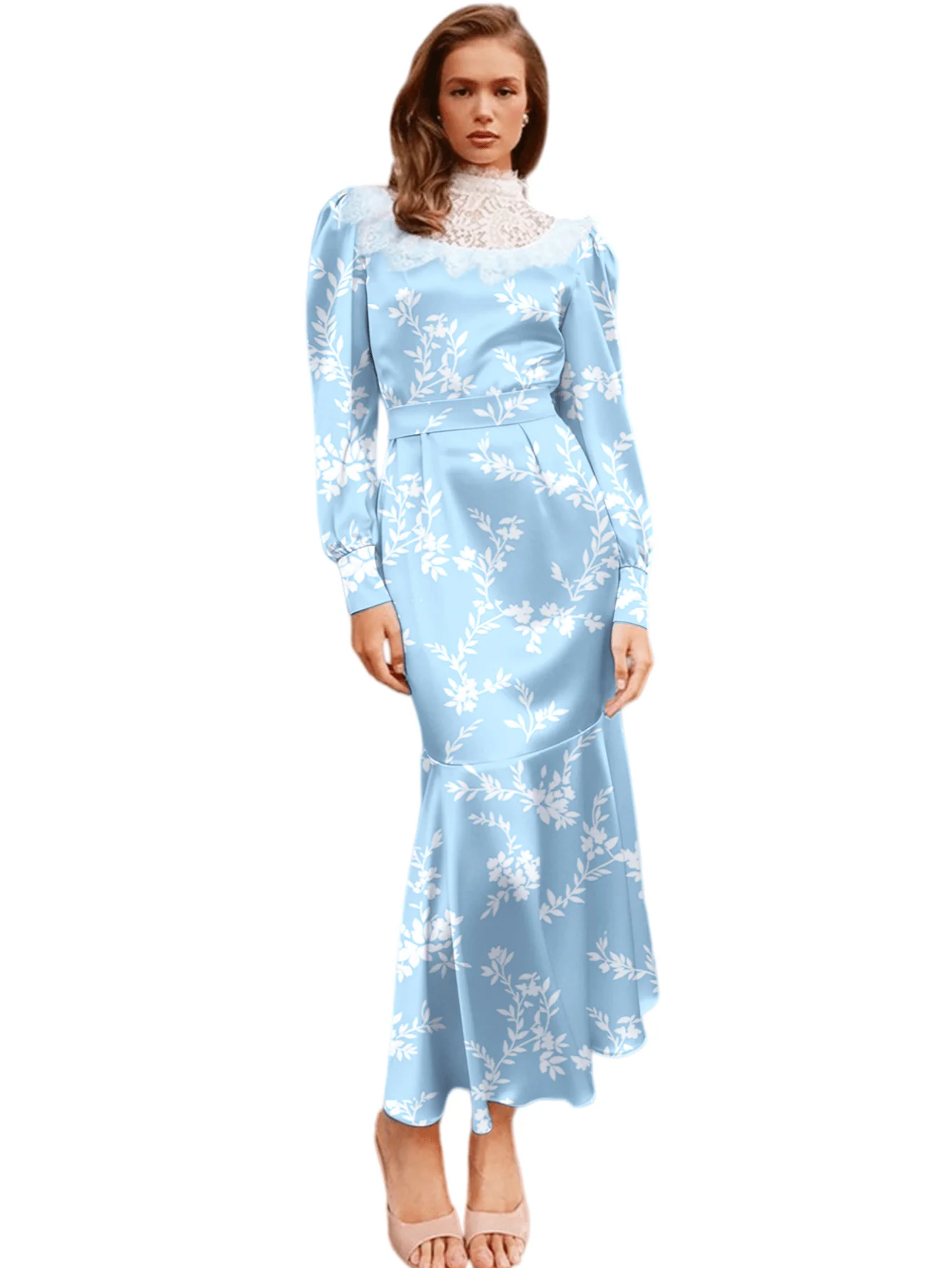 Chic YC Women's Floral Print Satin Mermaid Lace Collar Puff Sleeve Ruffle Hem Elegant Wedding Guest Party Dress - Image 10