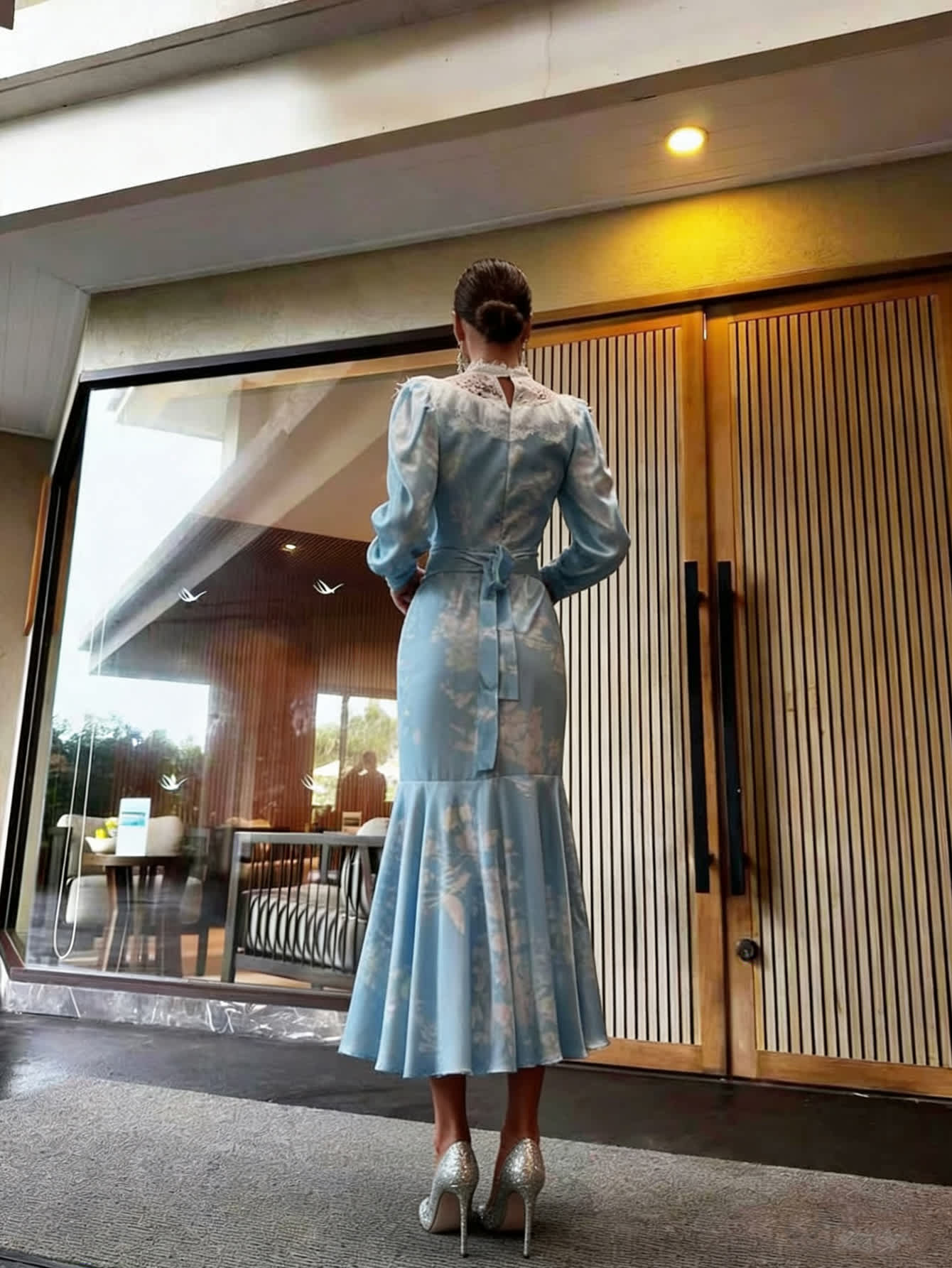 Chic YC Women's Floral Print Satin Mermaid Lace Collar Puff Sleeve Ruffle Hem Elegant Wedding Guest Party Dress - Image 14