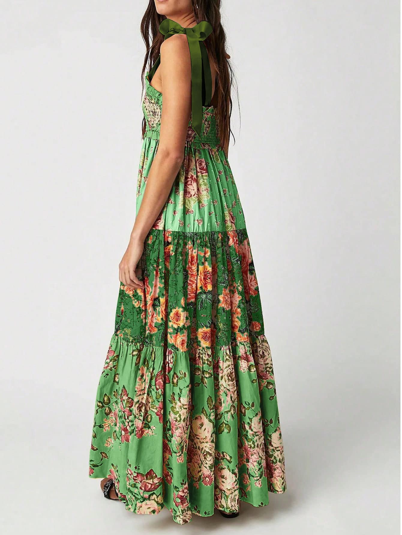 Chic YC Women's Floral Print Tiered Maxi Tie Shoulder Ruffle Hem Flowy Dress - Image 17