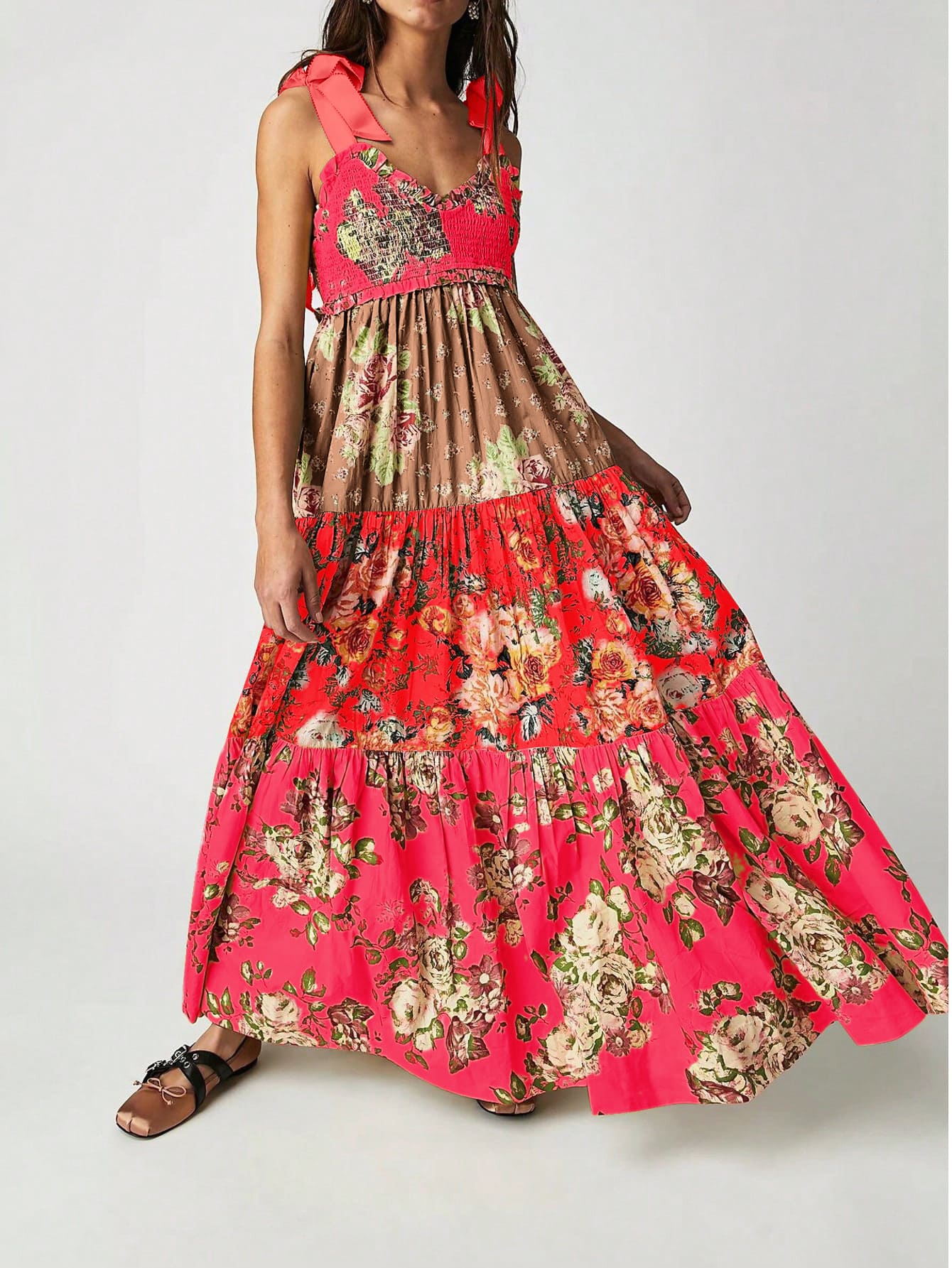 Chic YC Women's Floral Print Tiered Maxi Tie Shoulder Ruffle Hem Flowy Dress - Image 4