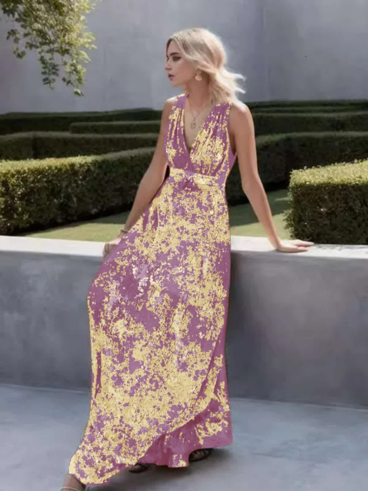 Chic YC Women's Gold Foil Print Sleeveless Maxi Dress V-Neck Formal Evening Gown - Image 13