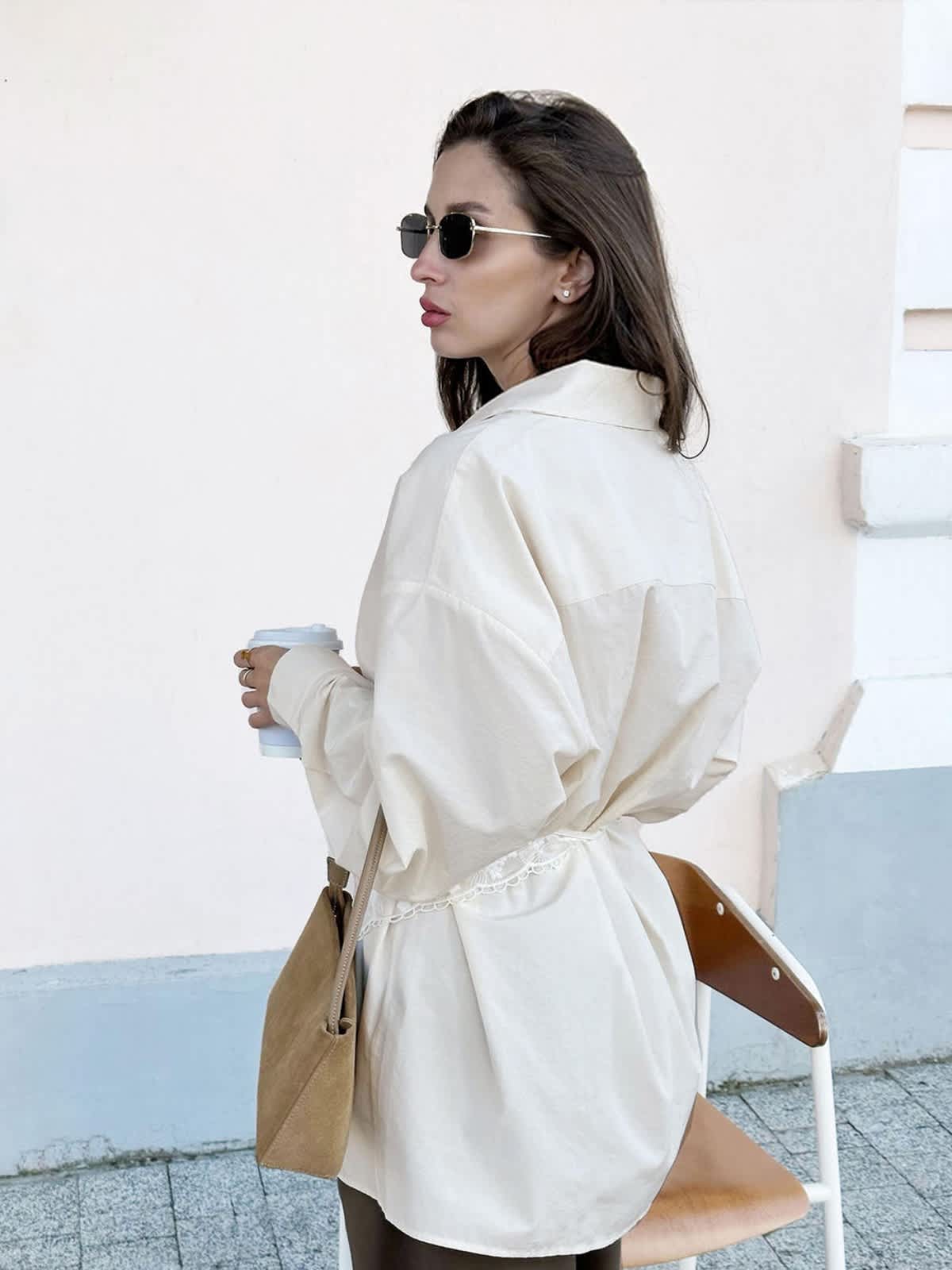 Chic YC Women's Lace Patchwork Button Down Lantern Sleeve Waist Cinched Blouse Casual Fall Office Work Top - Image 13