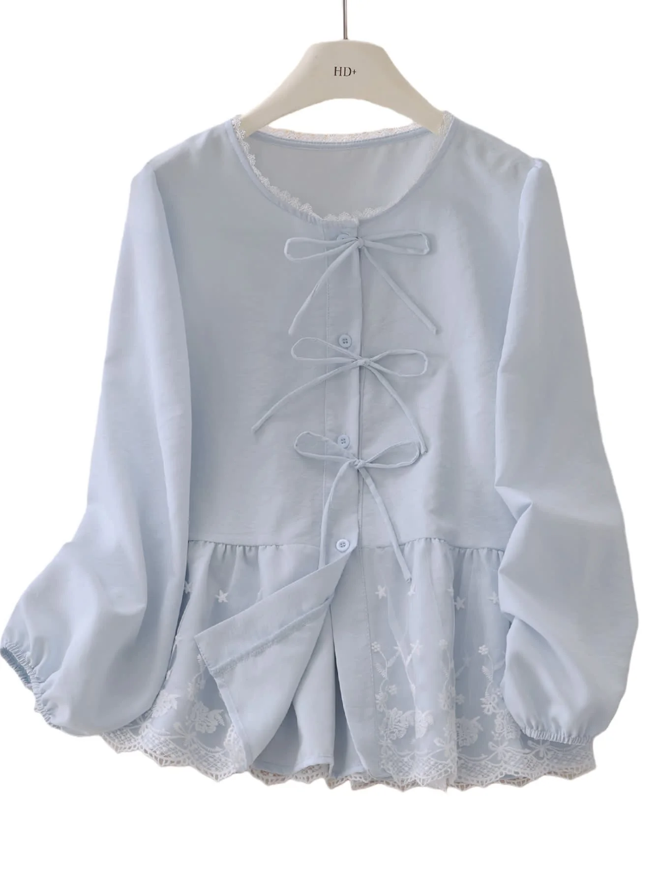 Chic YC Women's Lace Peplum Blouse 2026 Kawaii Bow-Tie Puff Long-Sleeve Top - Image 2