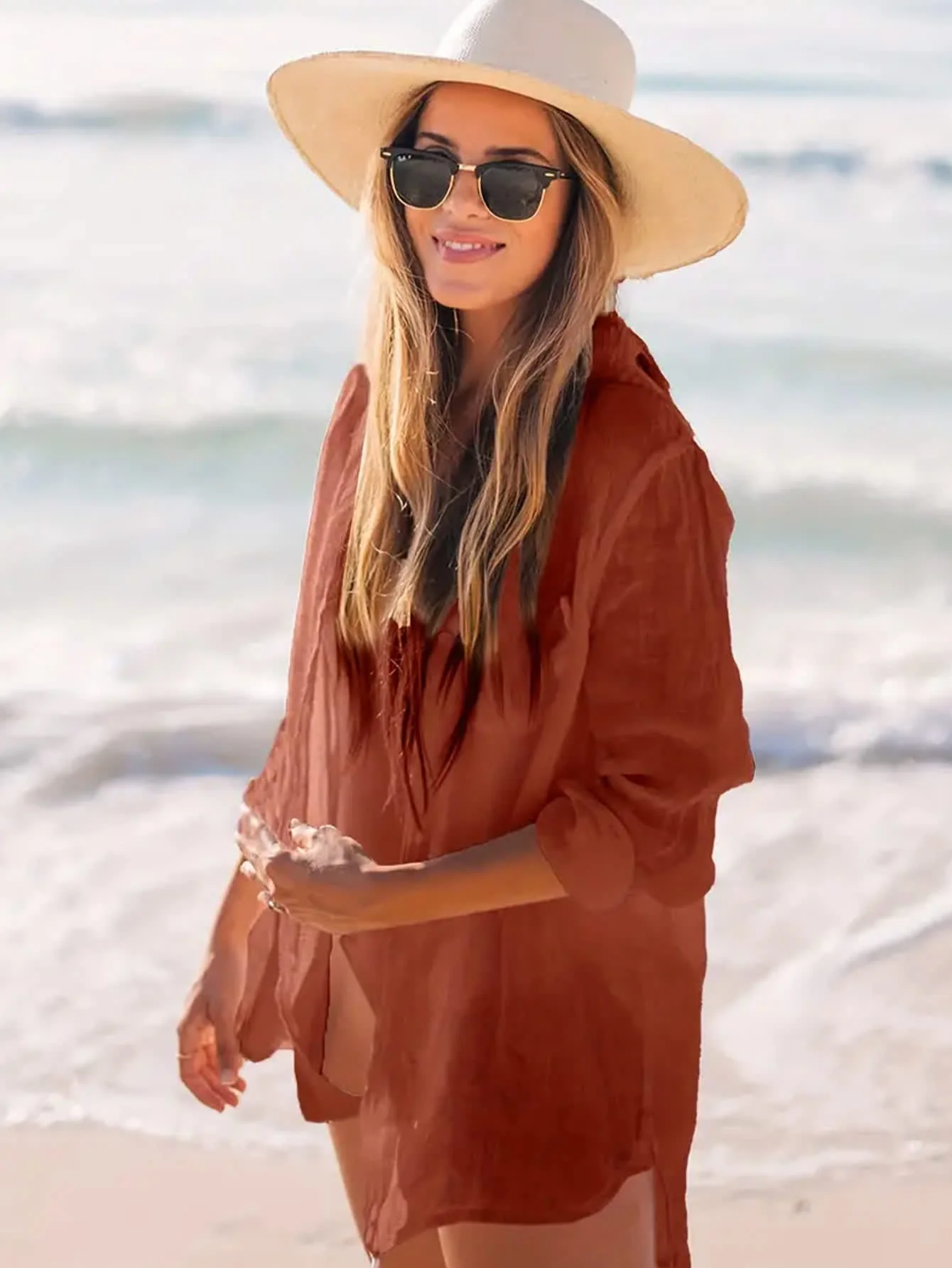 Chic YC Women's Oversized Beach Shirt Summer Sheer Button-Down Cover-Up - Image 13