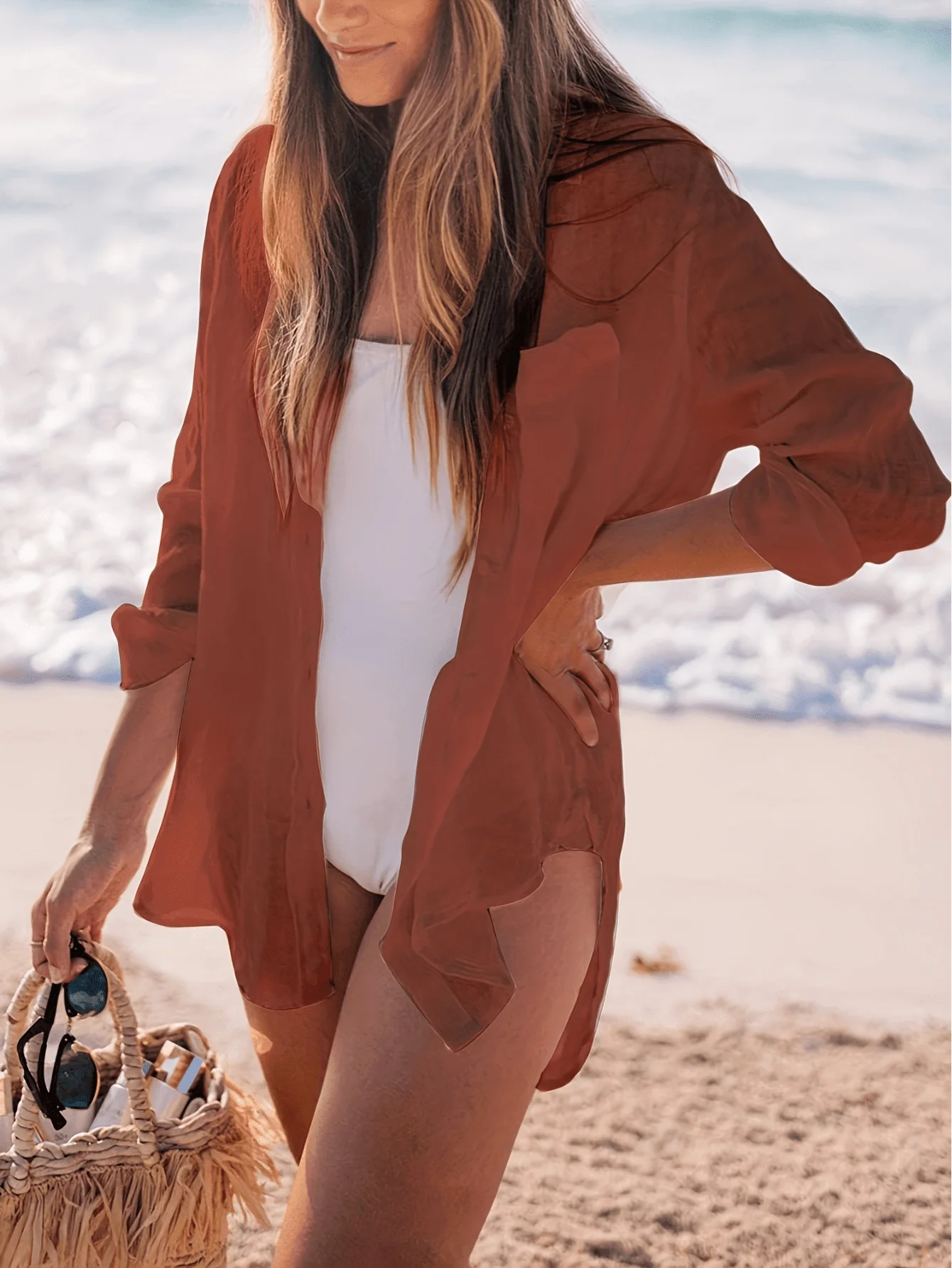 Chic YC Women's Oversized Beach Shirt Summer Sheer Button-Down Cover-Up - Image 7