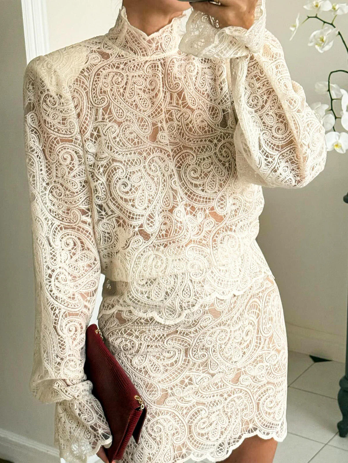 Chic YC Women's Paisley Lace 2 Piece Outfit Long Sleeve Blouse and Mini Skirt Set - Image 6