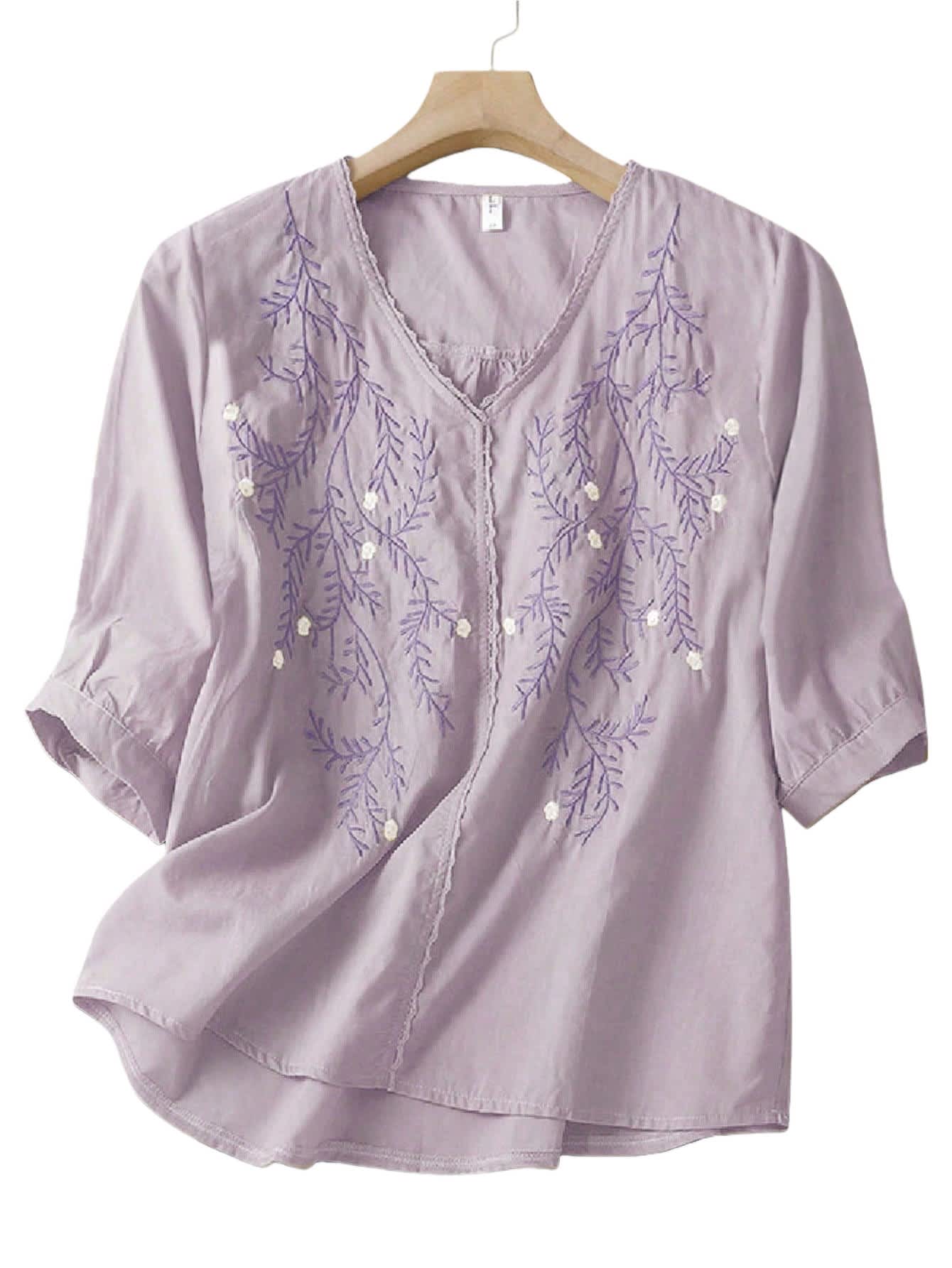 Chic YC Women's Pleated V-Neck Blouse Spring Summer Casual Half-Sleeve Flowy Top - Image 8