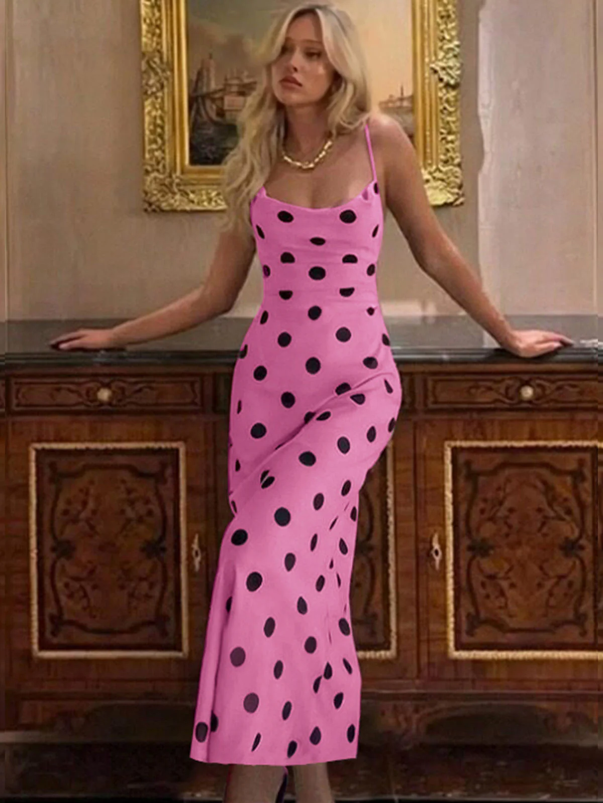 Chic YC Women's Polka Dot Maxi Dress Backless Criss Cross Strap Bodycon Summer Party Dress - Image 8