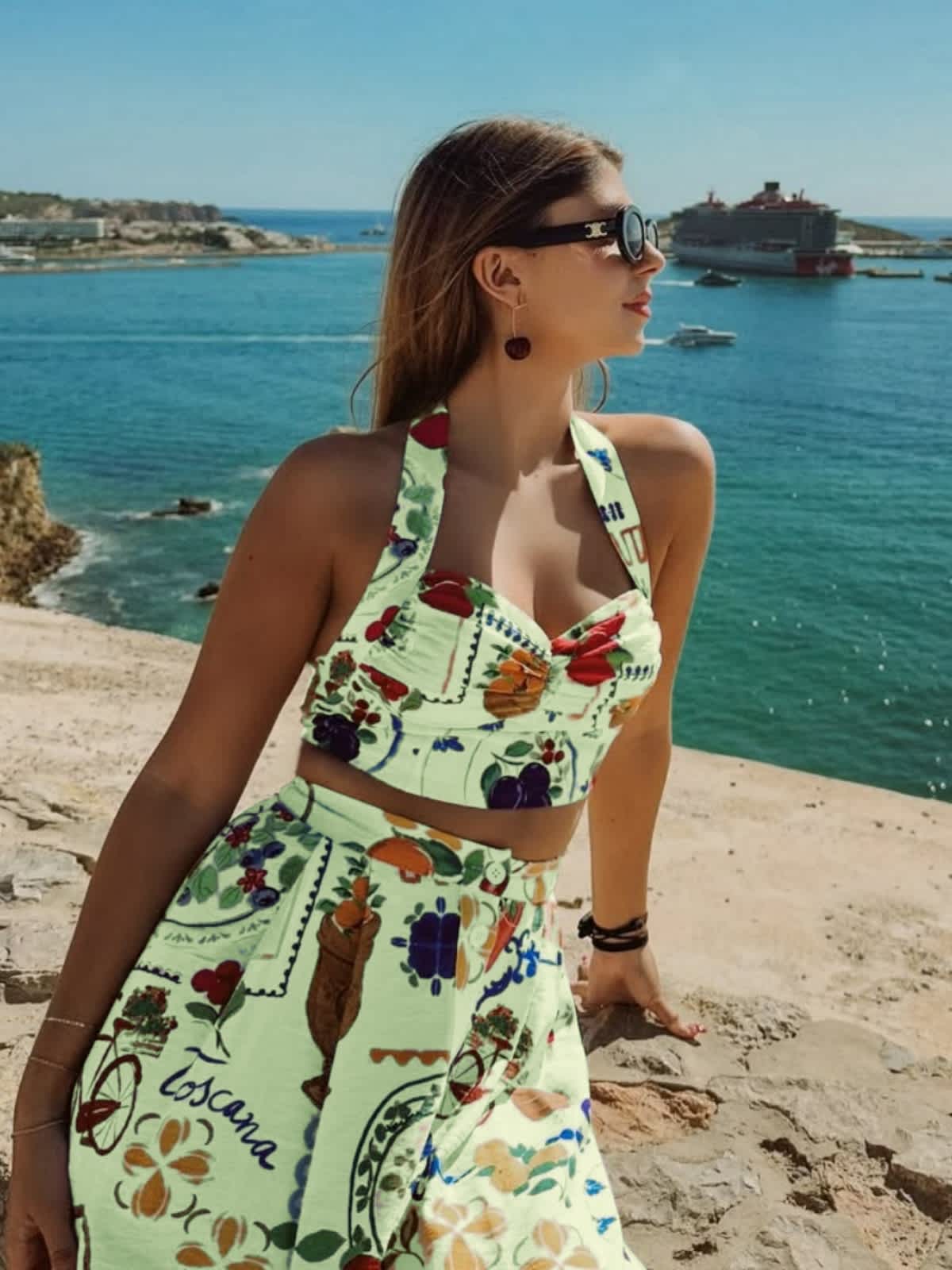 Chic YC Women's Print Two Piece Set Halter Crop Top High Waist Maxi Skirt Summer Beach Vacation Outfit - Image 33