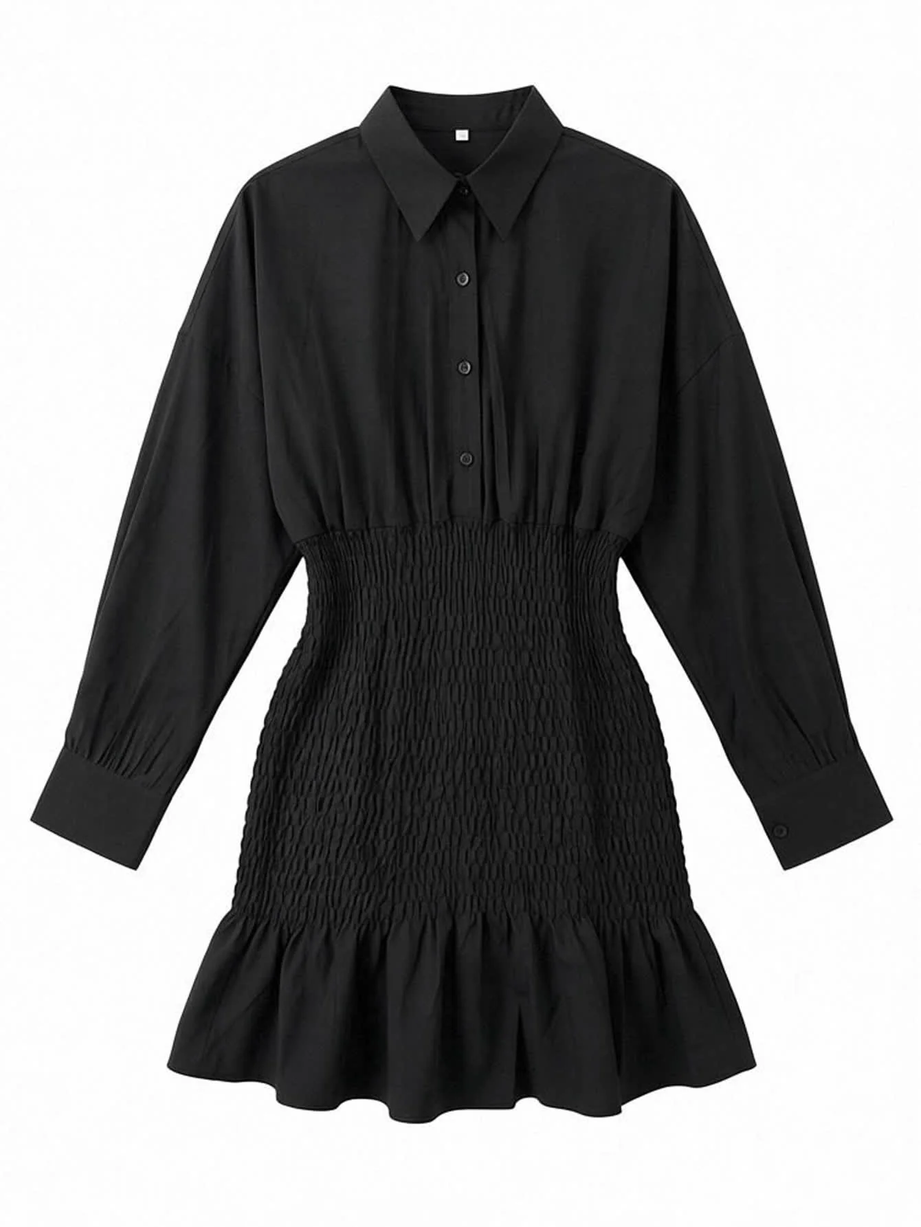 Chic YC Women's Shirt Collar Lantern Sleeve Smocked Waist Ruffle Hem Mini Dress - Image 13