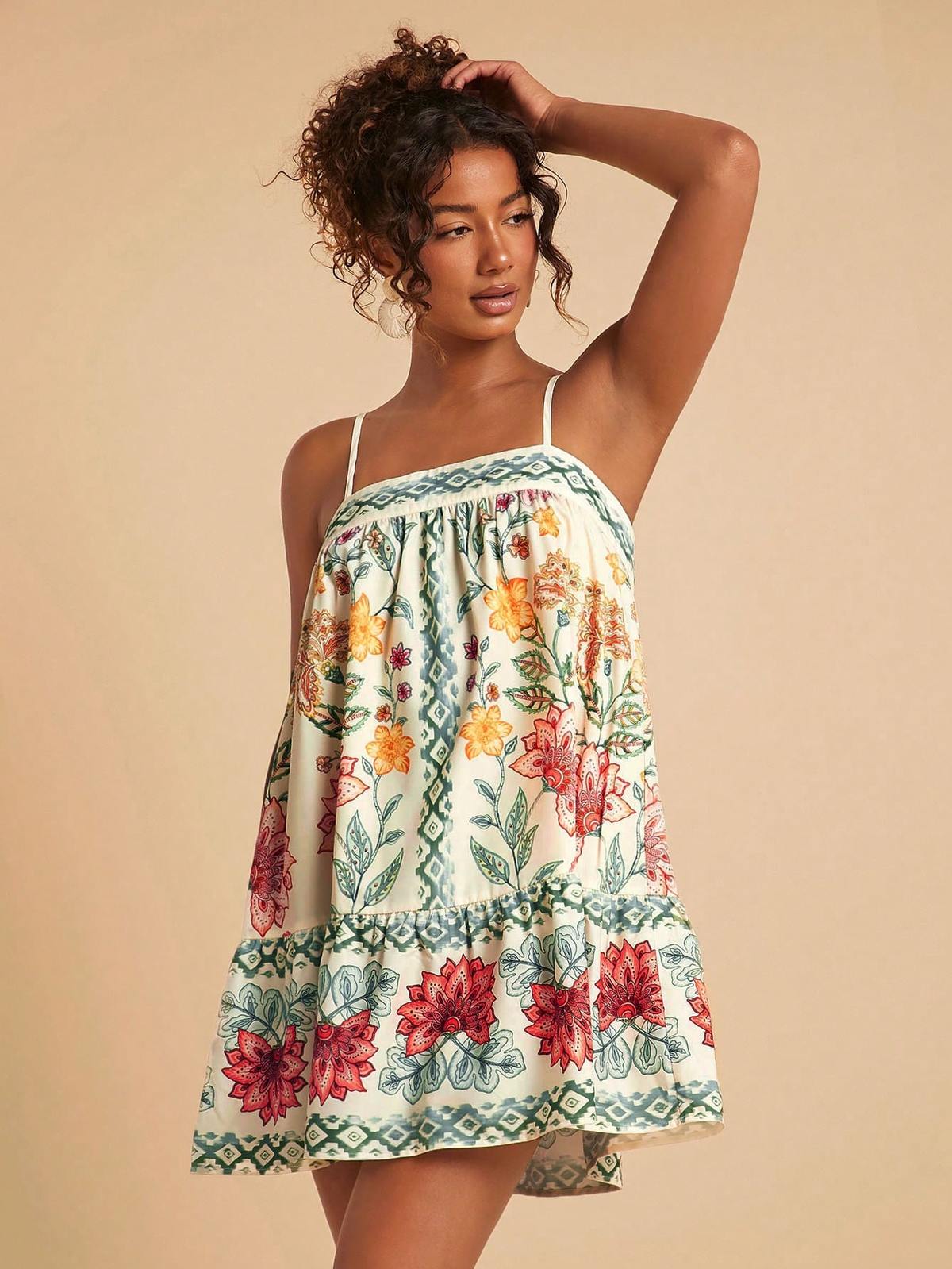 Chic YC Women's Spaghetti Strap Boho Floral Ruffle Hem Mini Dress Summer Casual Beach Swing Dress - Image 8
