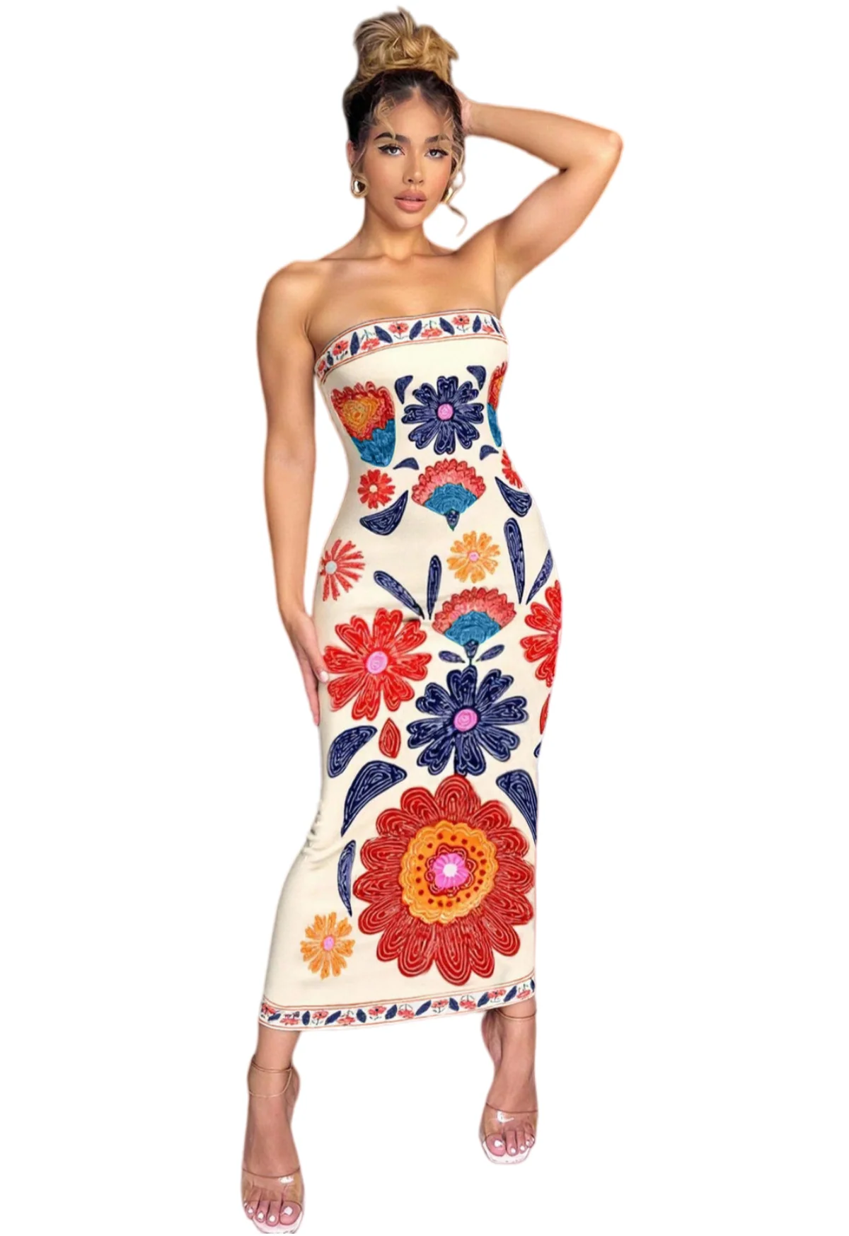 Chic YC Women's Strapless Floral Embroidered Bodycon Midi Dress Boho Summer Party Dress - Image 3