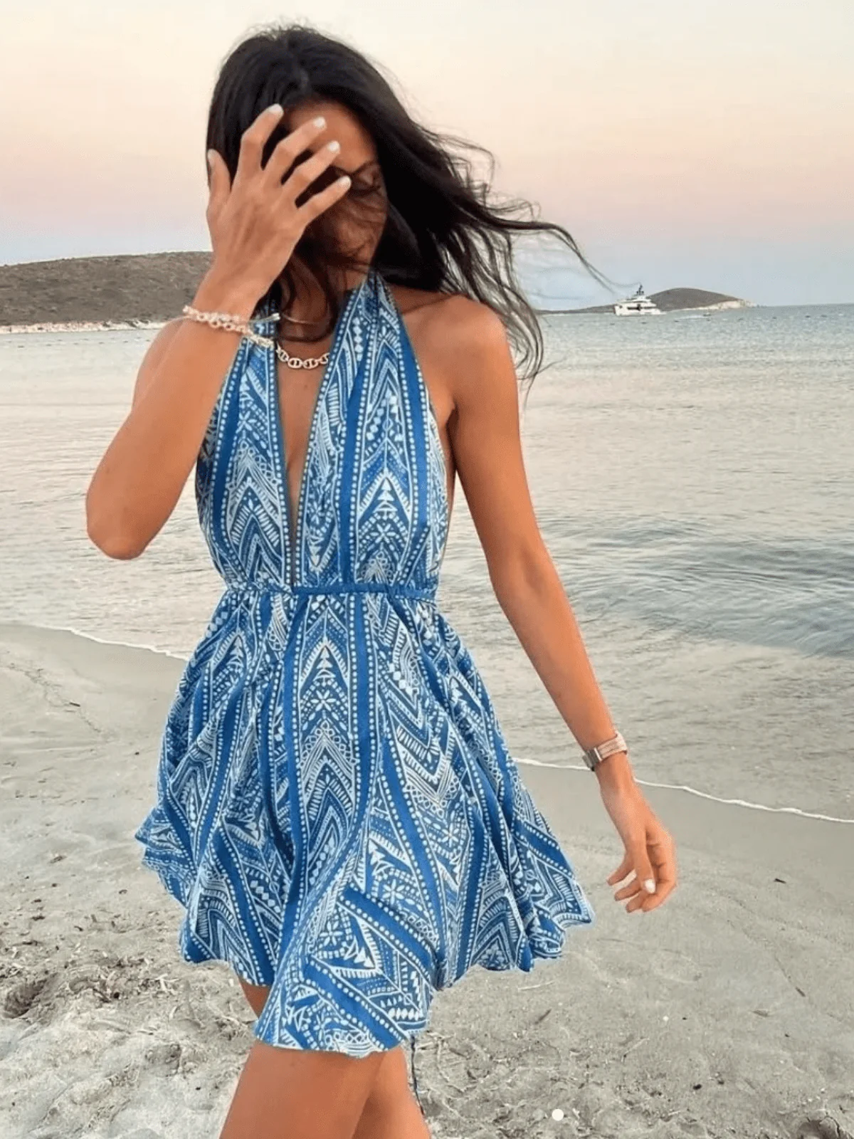 Chic YC Women's Tribal Print Halter Mini Dress Deep V Neck Tie Waist Flowy Dress - Image 16
