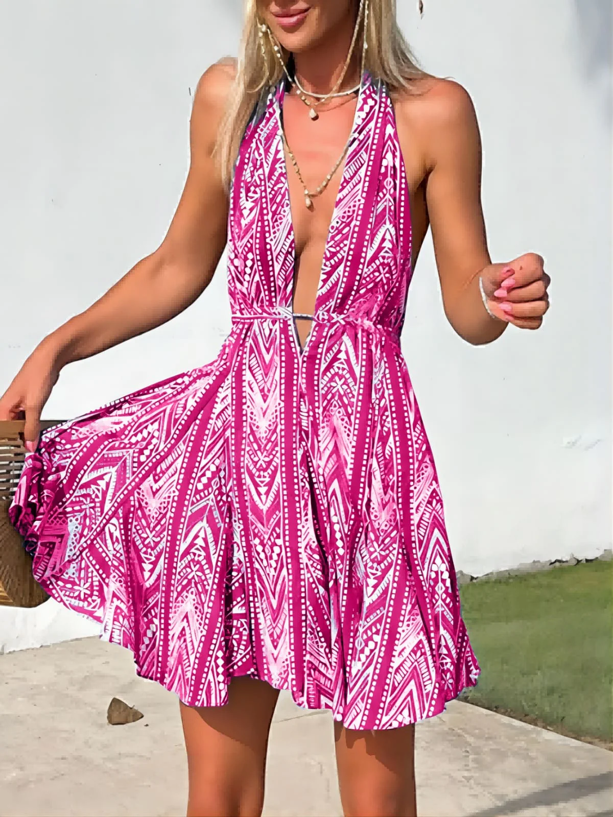 Chic YC Women's Tribal Print Halter Mini Dress Deep V Neck Tie Waist Flowy Dress - Image 22