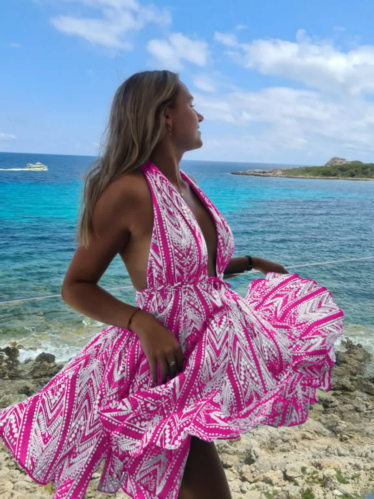 Chic YC Women's Tribal Print Halter Mini Dress Deep V Neck Tie Waist Flowy Dress - Image 29