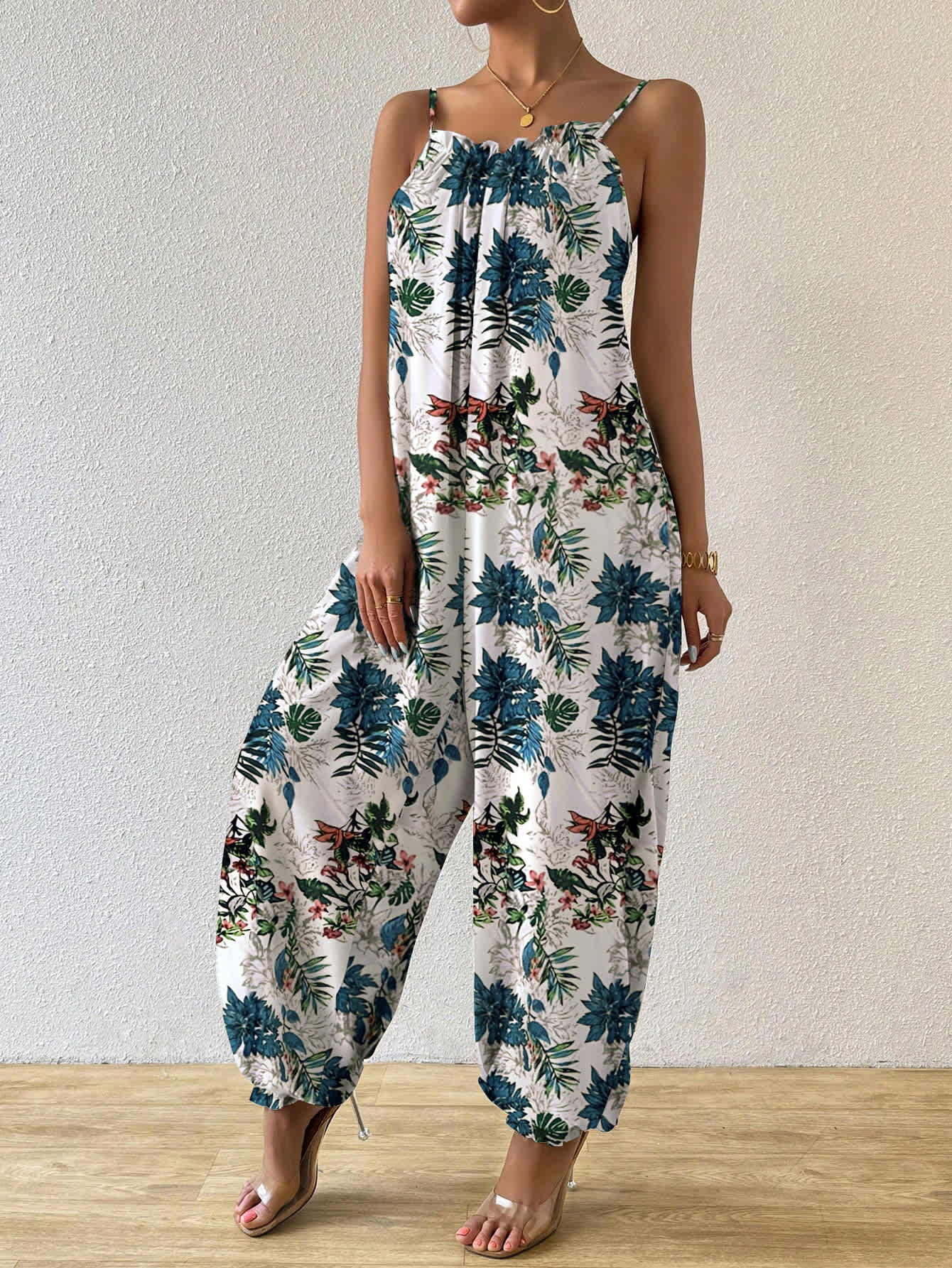 Chic YC Women's Tropical Print Halter Jumpsuit Summer Boho Sleeveless Wide-Leg Romper - Image 5