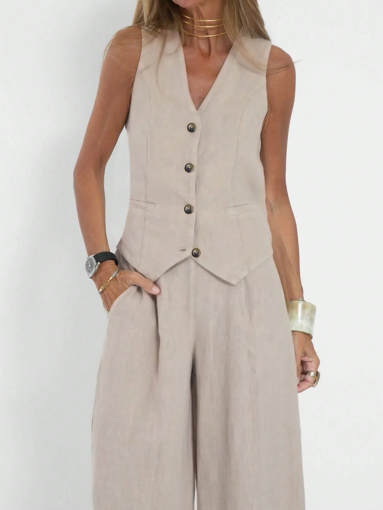 Chic YC Women's Two Piece Button Down Waistcoat High Waist Trousers Casual Spring Summer Office Set - Image 19
