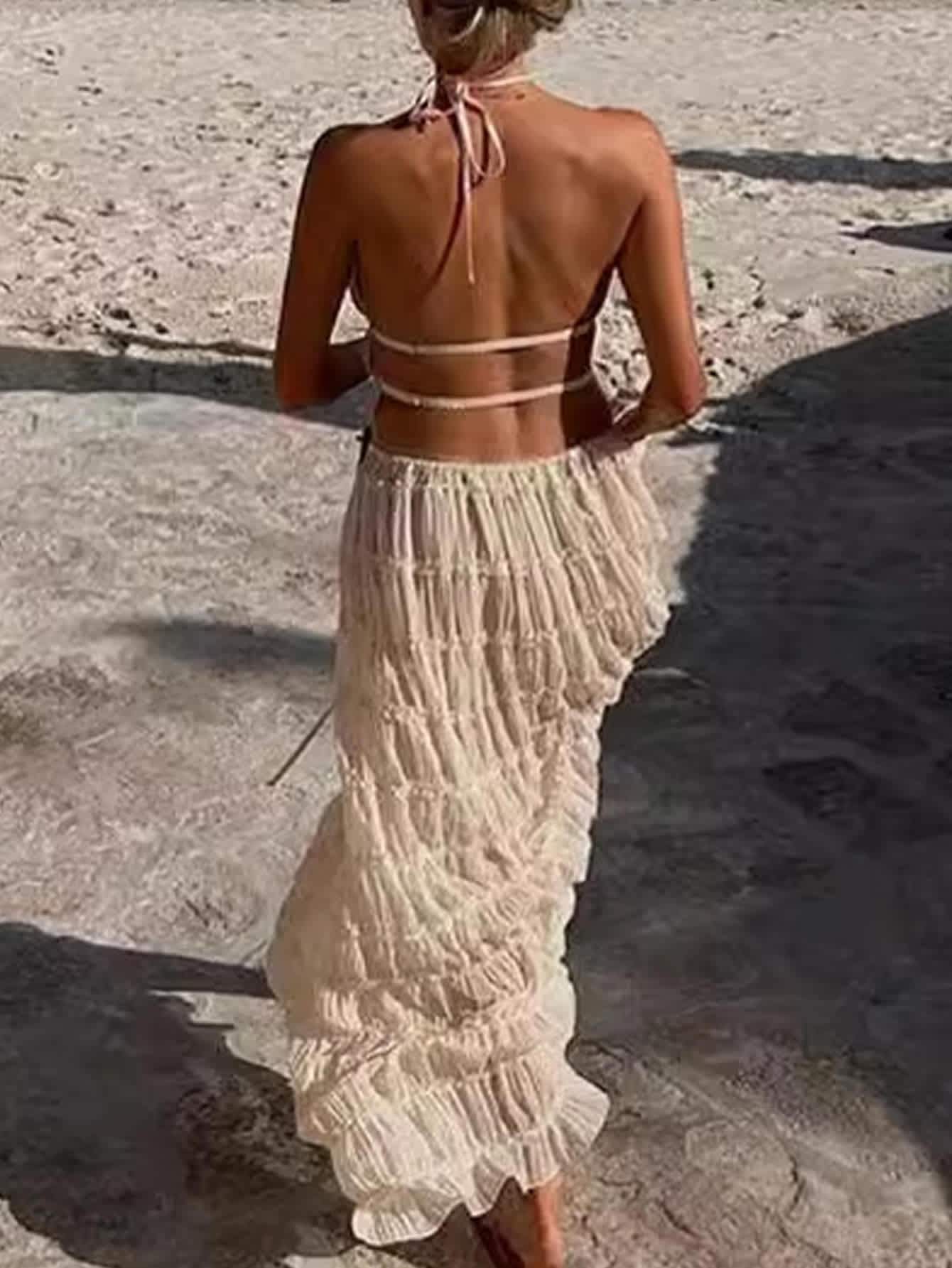 Chic YC Women's Two Piece Beige Halter Crop Top and Maxi Skirt Set Ruched Ruffle Summer Vacation Outfit - Image 12