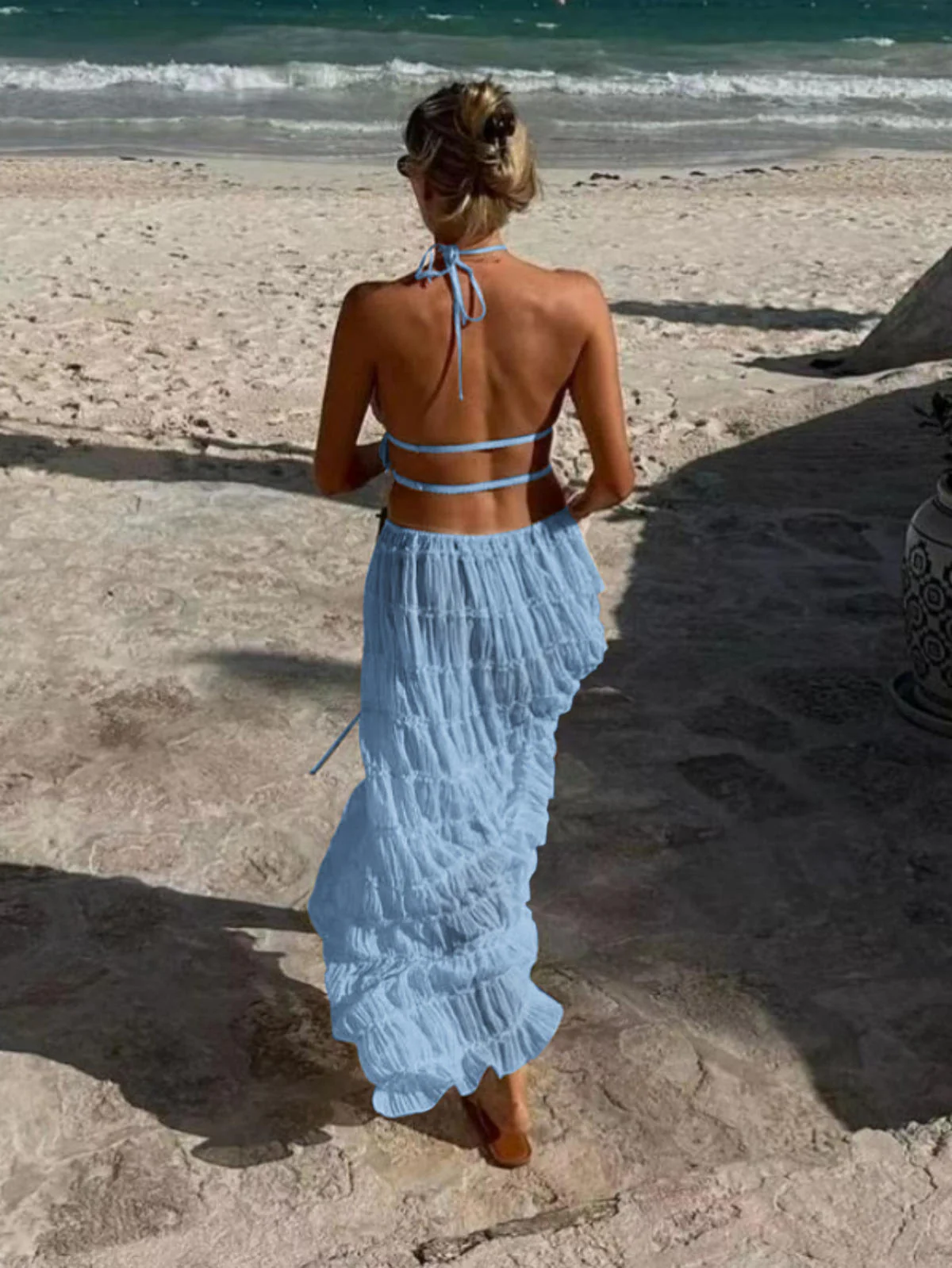 Chic YC Women's Two Piece Beige Halter Crop Top and Maxi Skirt Set Ruched Ruffle Summer Vacation Outfit - Image 39