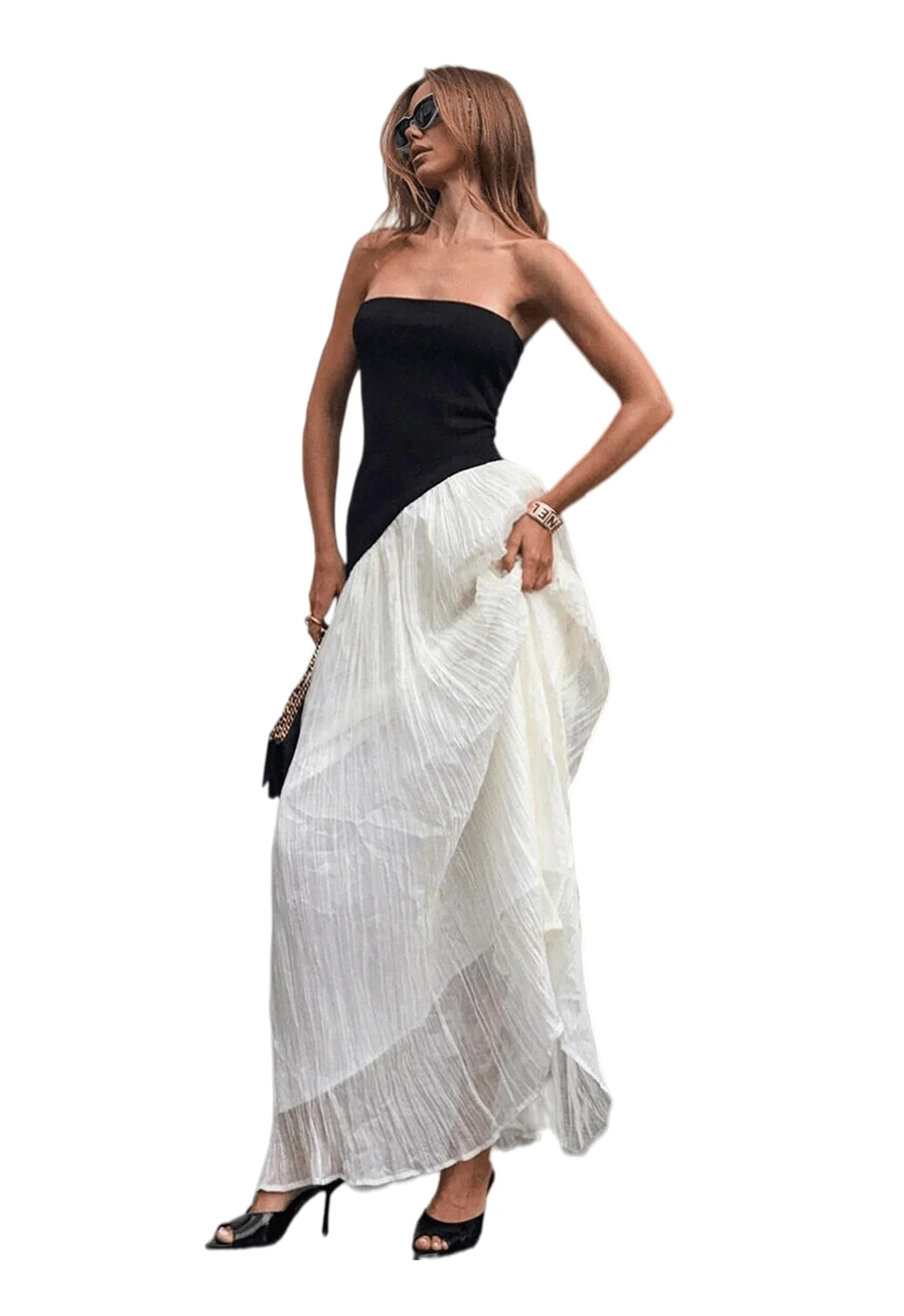 Chic YC Women's Two Tone Strapless Maxi Dress Elegant High Low Party Bodycon Dress - Image 2