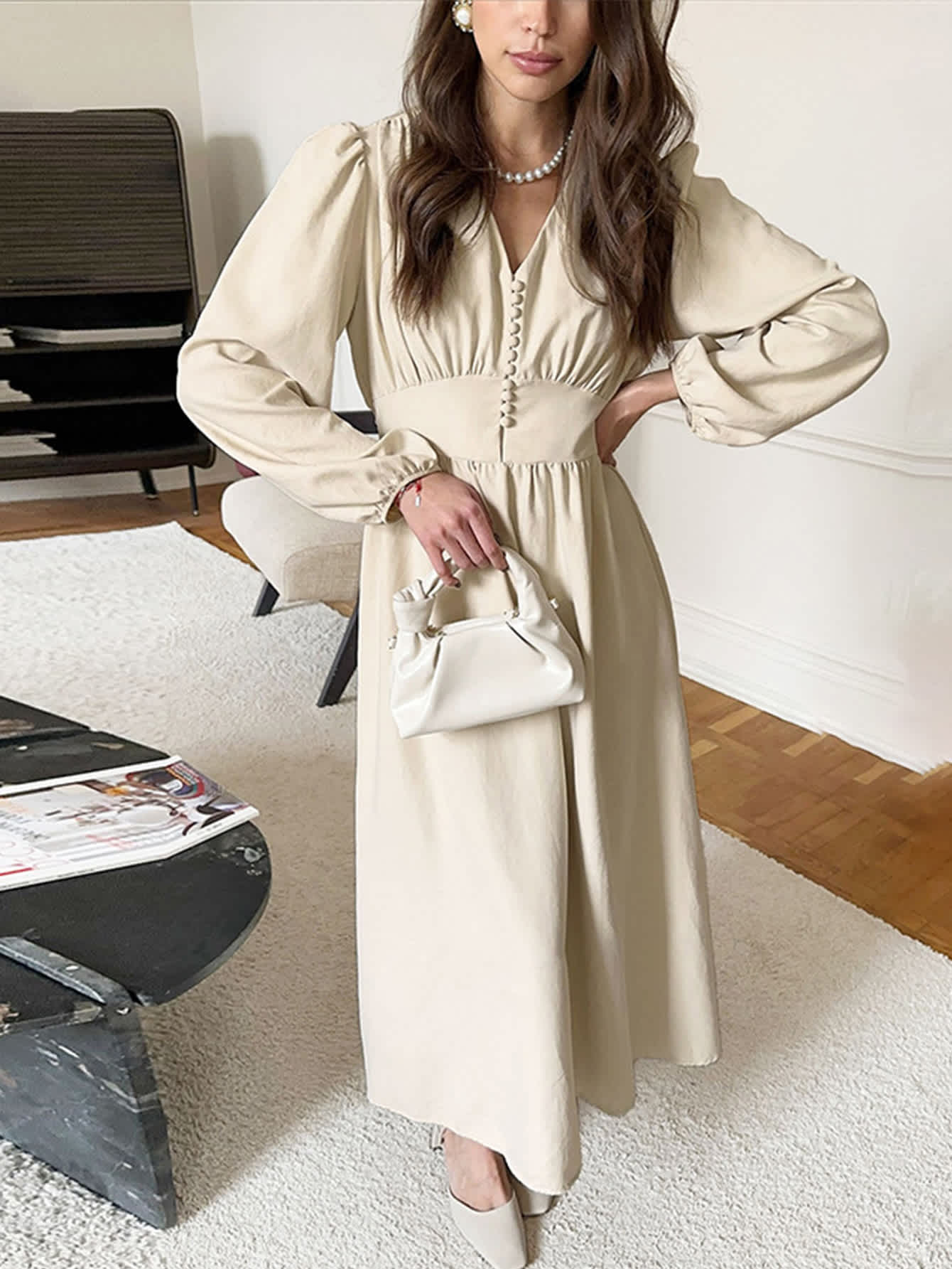 Chic YC Women's V-Neck Puff Sleeve Empire Waist Button Front A-Line Dress Casual Spring Fall Modest Dress - Image 5