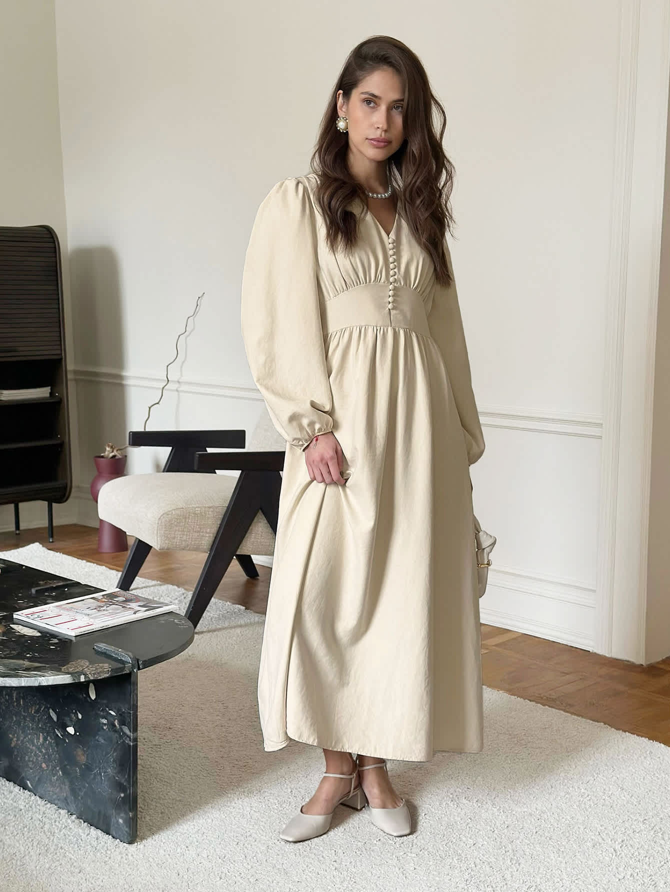 Chic YC Women's V-Neck Puff Sleeve Empire Waist Button Front A-Line Dress Casual Spring Fall Modest Dress - Image 6