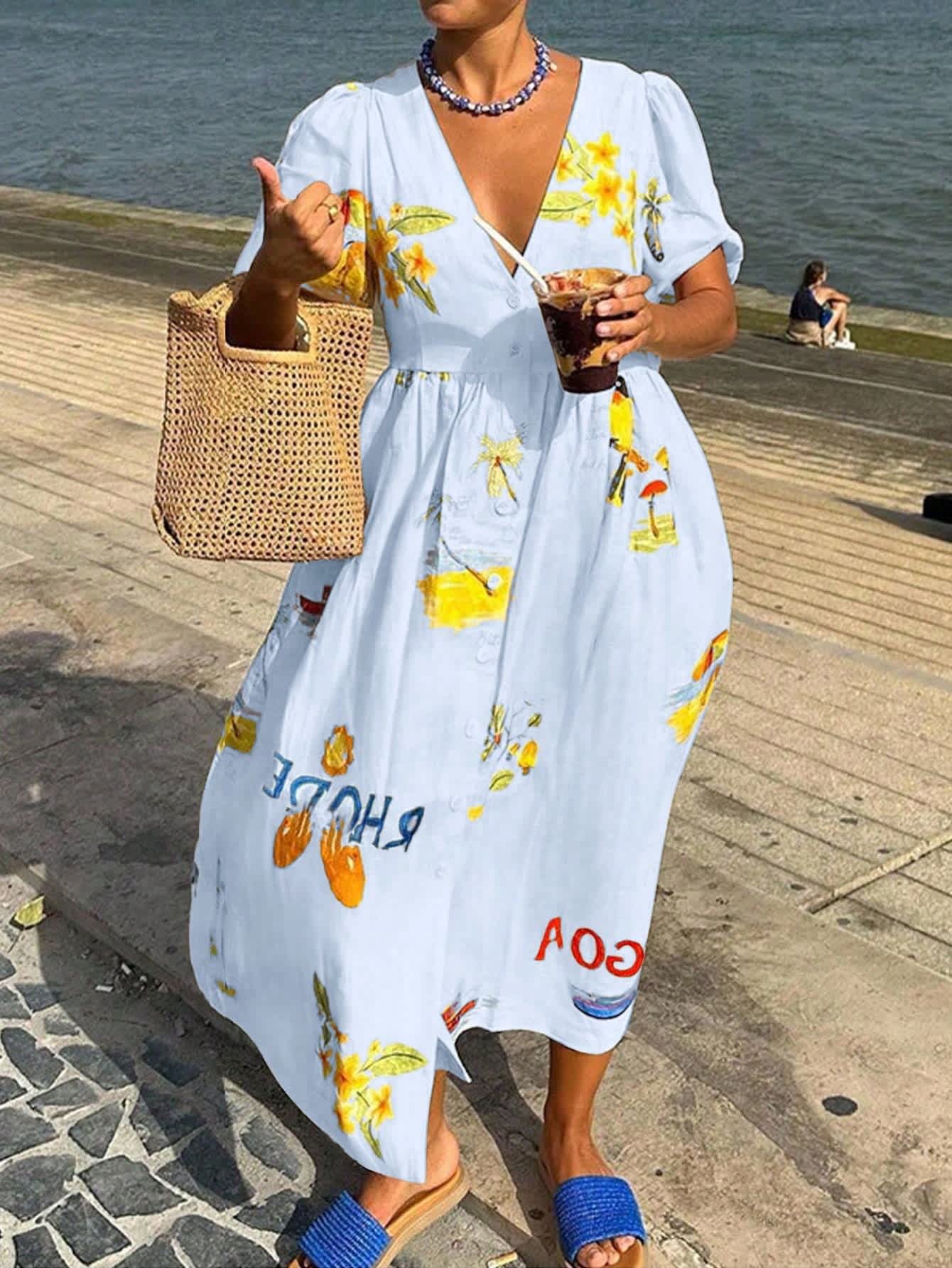 Chic YC Women's Women's Floral Print Maxi Dress Summer Boho V-Neck Puff Sleeve Button-Down Dress - Image 11