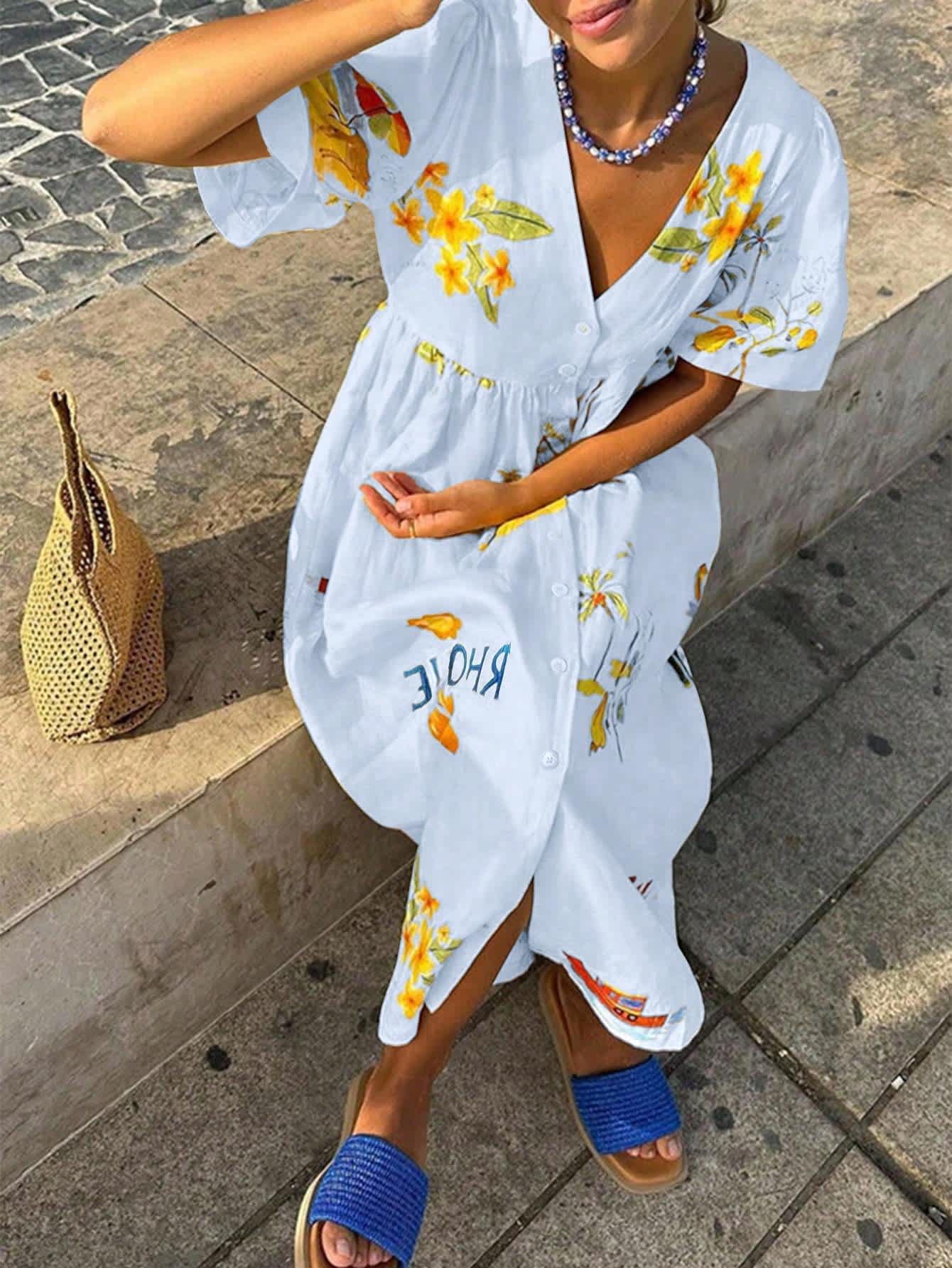 Chic YC Women's Women's Floral Print Maxi Dress Summer Boho V-Neck Puff Sleeve Button-Down Dress - Image 12