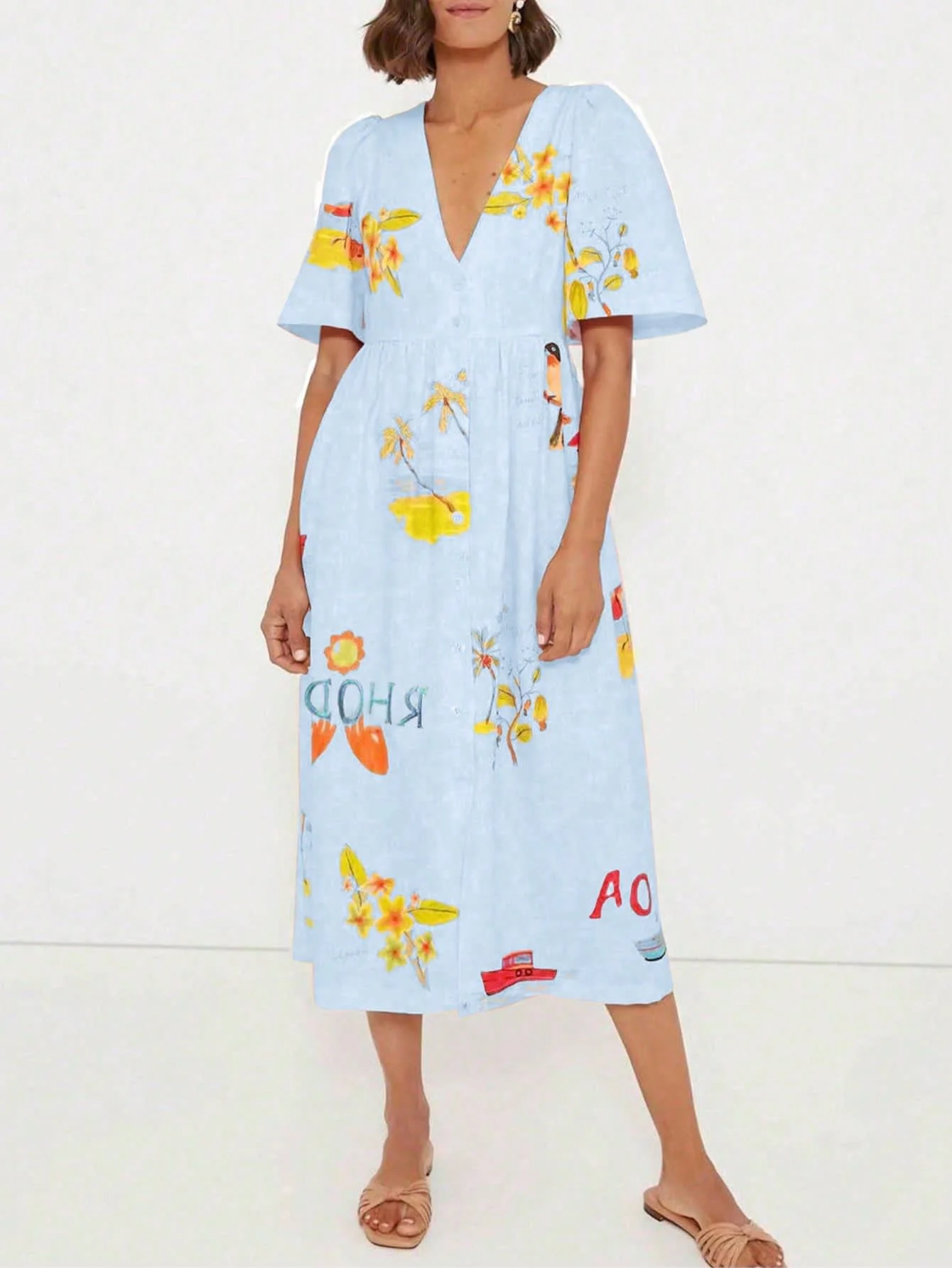 Chic YC Women's Women's Floral Print Maxi Dress Summer Boho V-Neck Puff Sleeve Button-Down Dress - Image 16