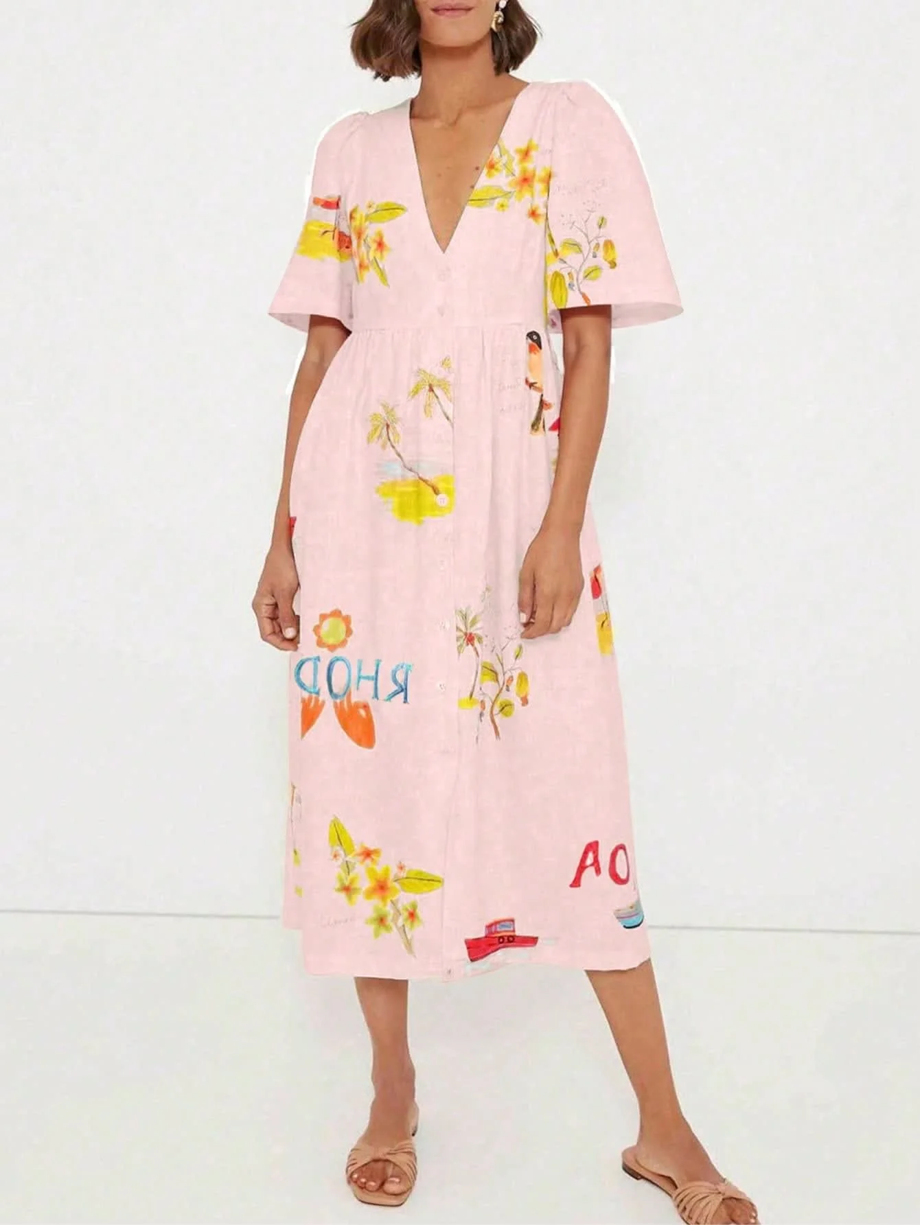 Chic YC Women's Women's Floral Print Maxi Dress Summer Boho V-Neck Puff Sleeve Button-Down Dress - Image 27