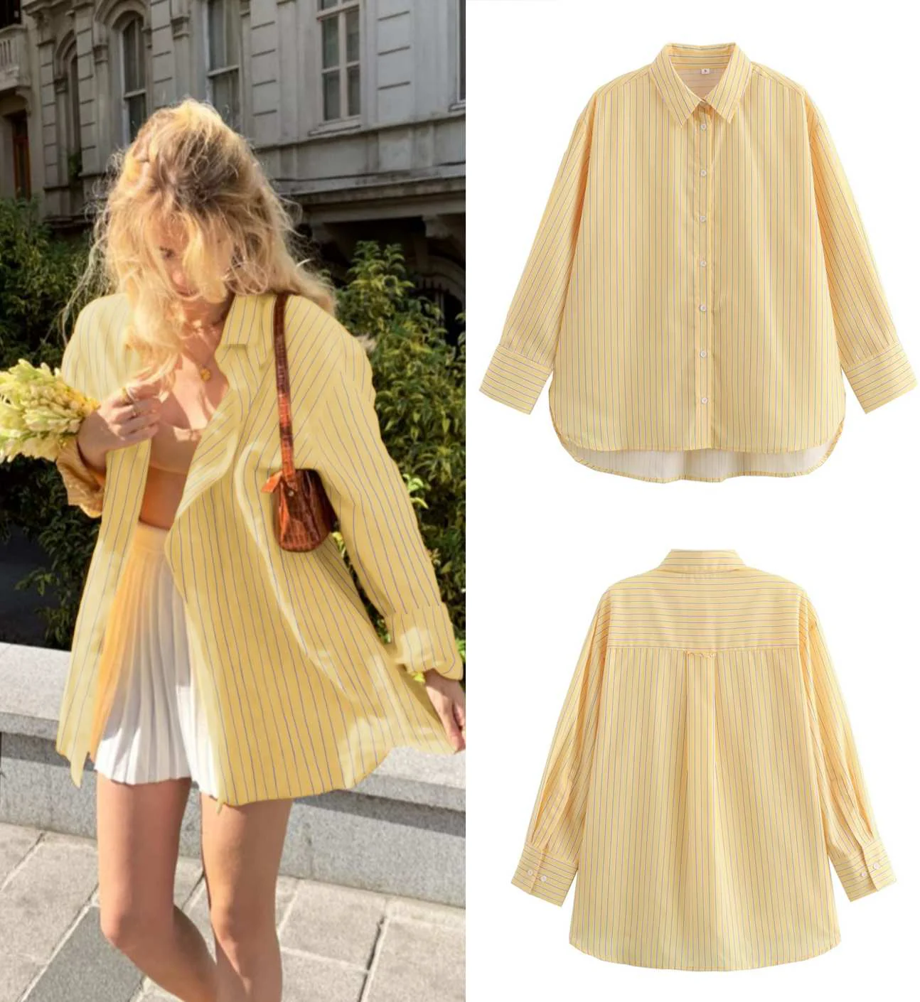 Chic YC Women's Yellow Striped Oversized Shirt Spring Summer Casual Button-Down Blouse - Image 2