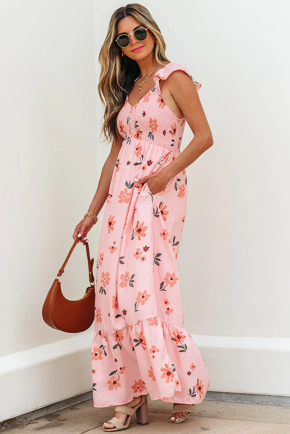 Threaded Pear Clare Floral High Waist Ruffle Hem Long Dress - Image 4
