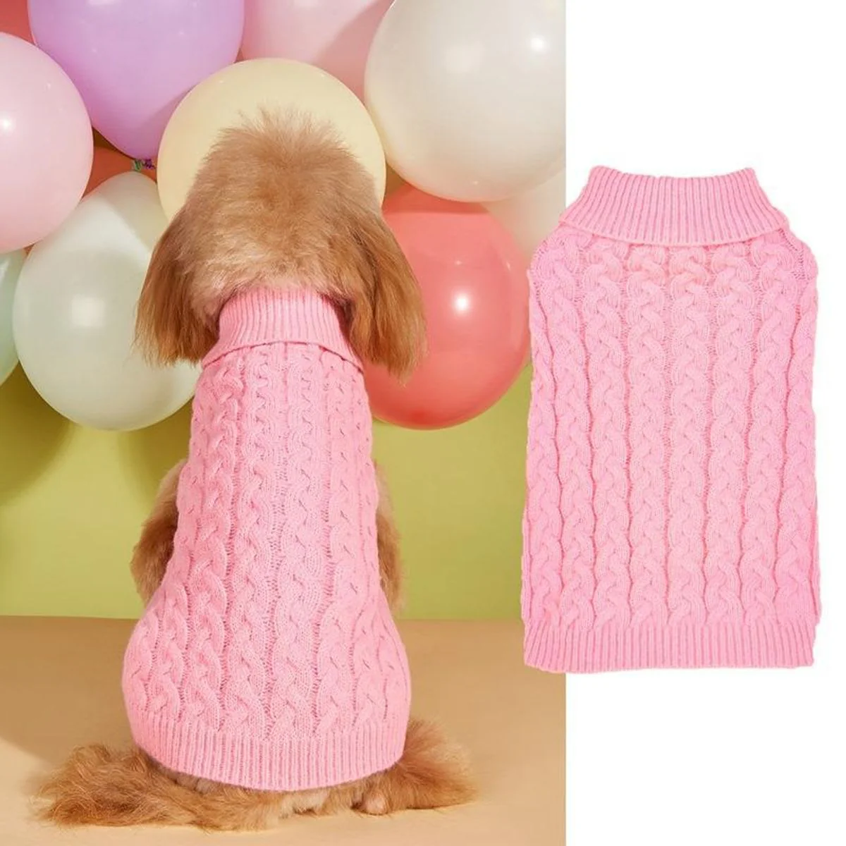 Classic Cable Knit Dog Sweater, Warm Turtleneck Pet Clothes for Cats & Small Dogs - Image 3