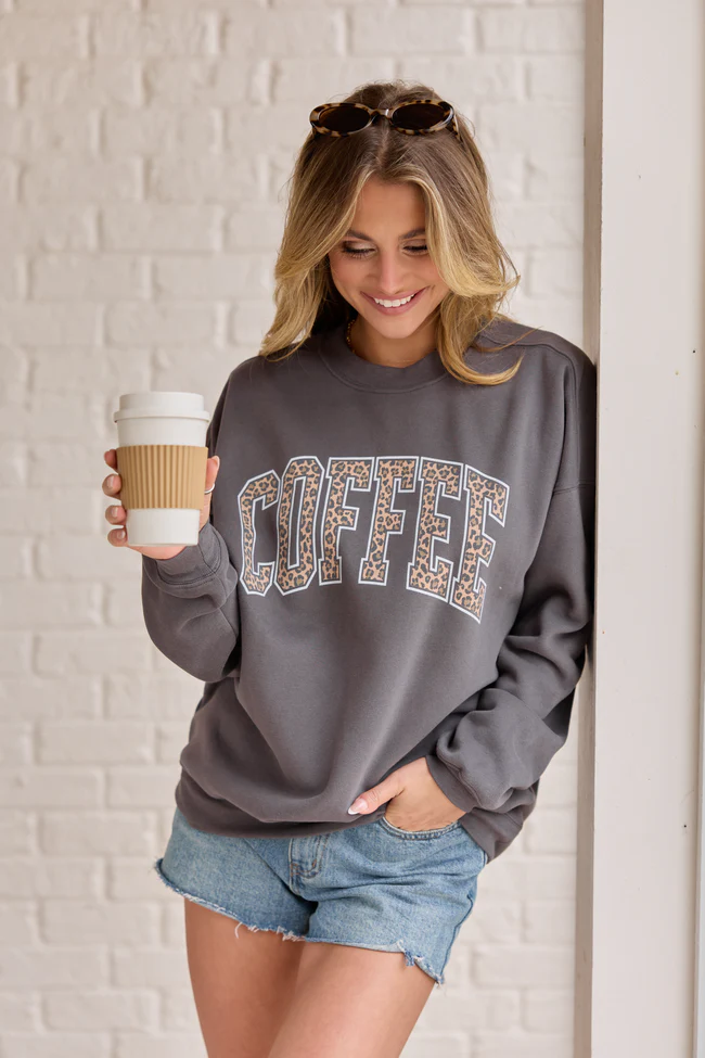 Coffee Leopard Print Dark Grey Graphic Sweatshirt - Image 4