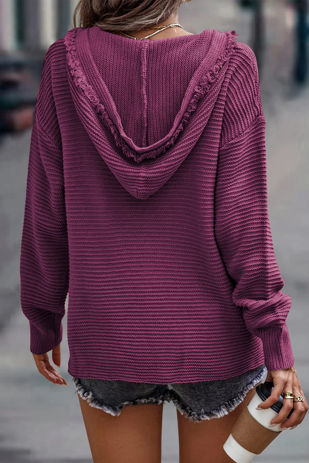 Threaded Pear Collins V Neck Ribbed Drop Shoulder Hooded Sweater - Image 2