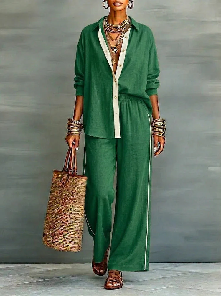 Contrast-Color Long-Sleeve Shirt & Pants Set – Two-Piece - Image 8