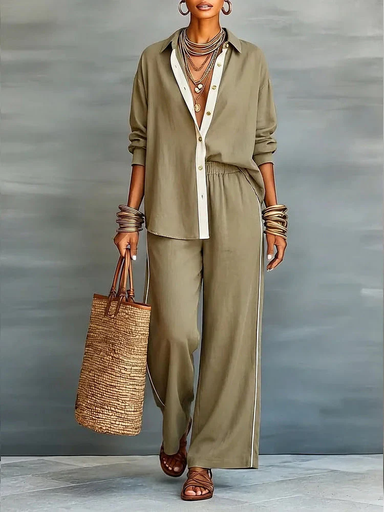 Contrast-Color Long-Sleeve Shirt & Pants Set – Two-Piece - Image 9