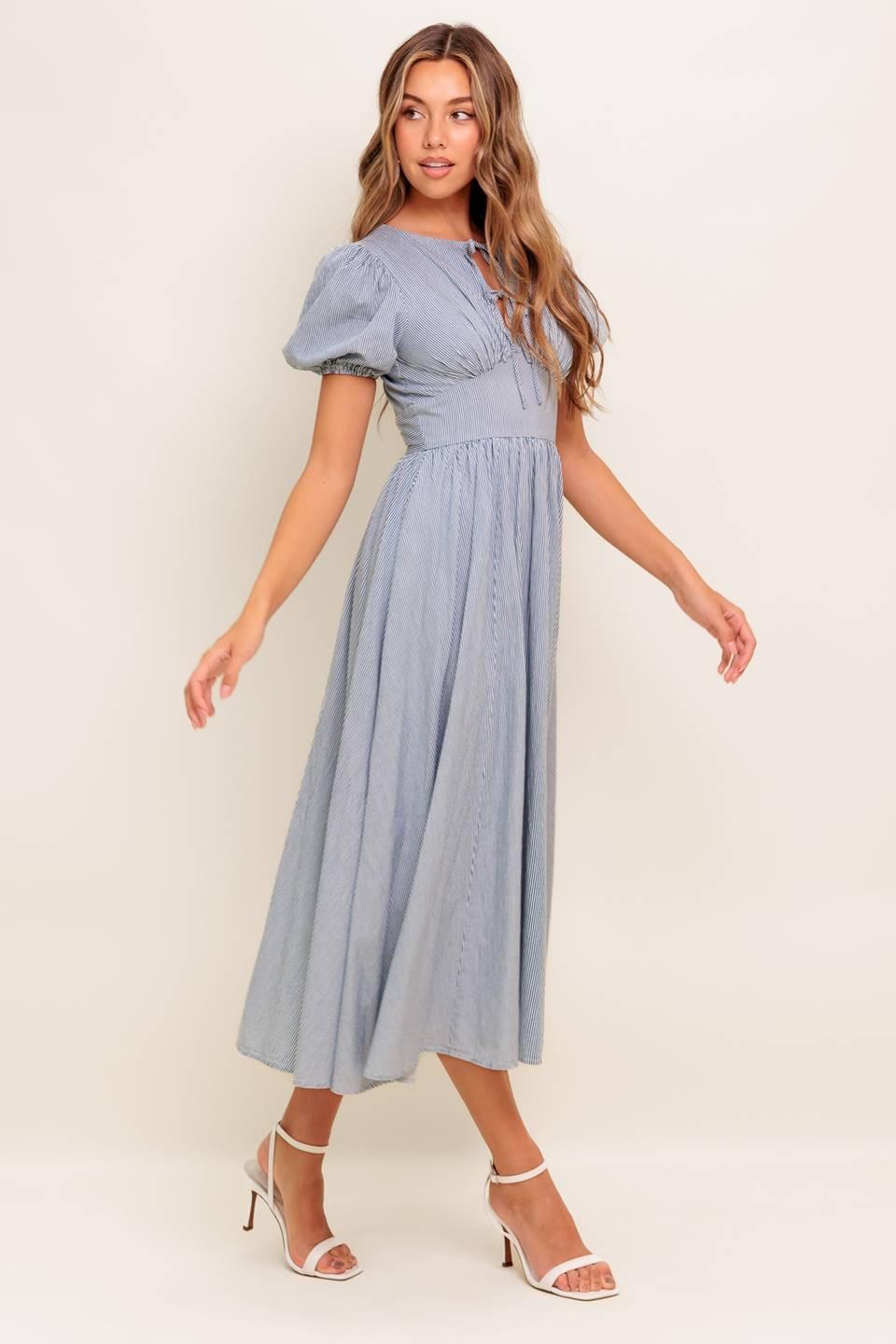 Cozy Garden Ivory Blue Woven Midi Dress - Image 6