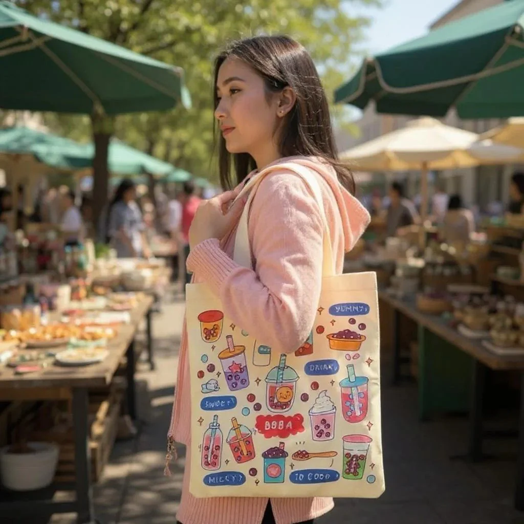Cream Boba Tote Bag – Cute Gift with Keychain & Enamel Pin - Image 8