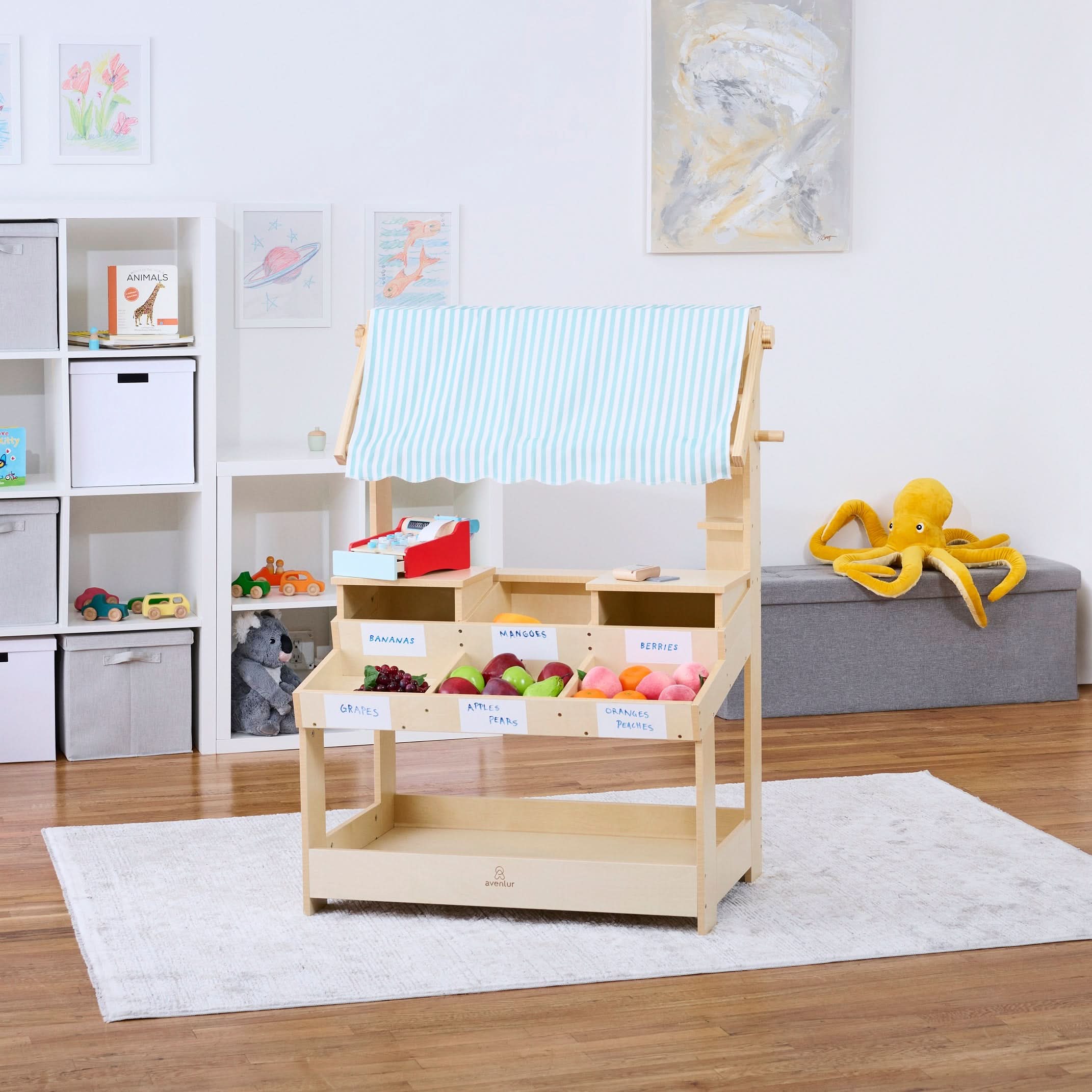 Cypress Wooden Market Stand – Pretend Play Shop for Kids with Storage - Image 10