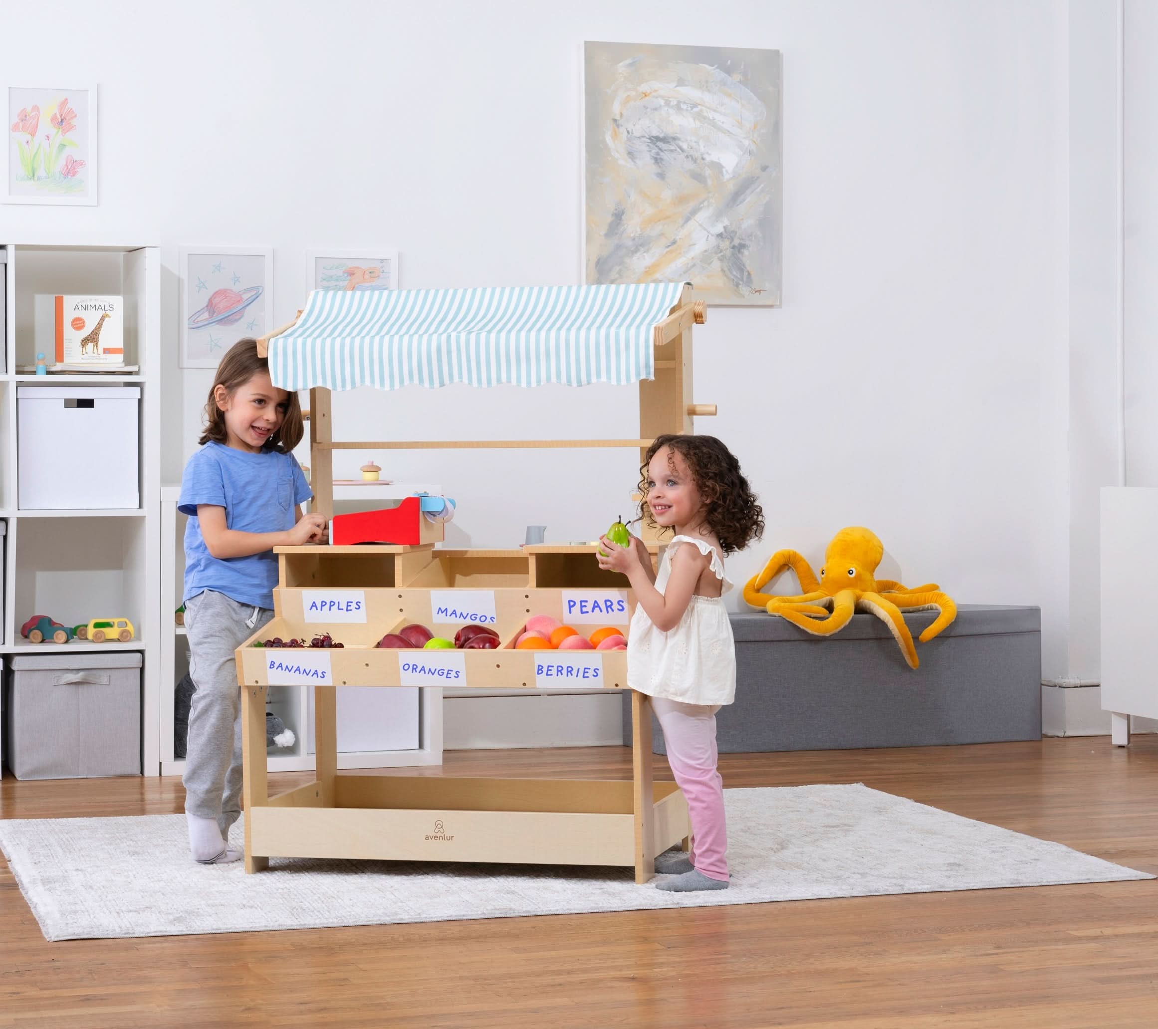 Cypress Wooden Market Stand – Pretend Play Shop for Kids with Storage - Image 11
