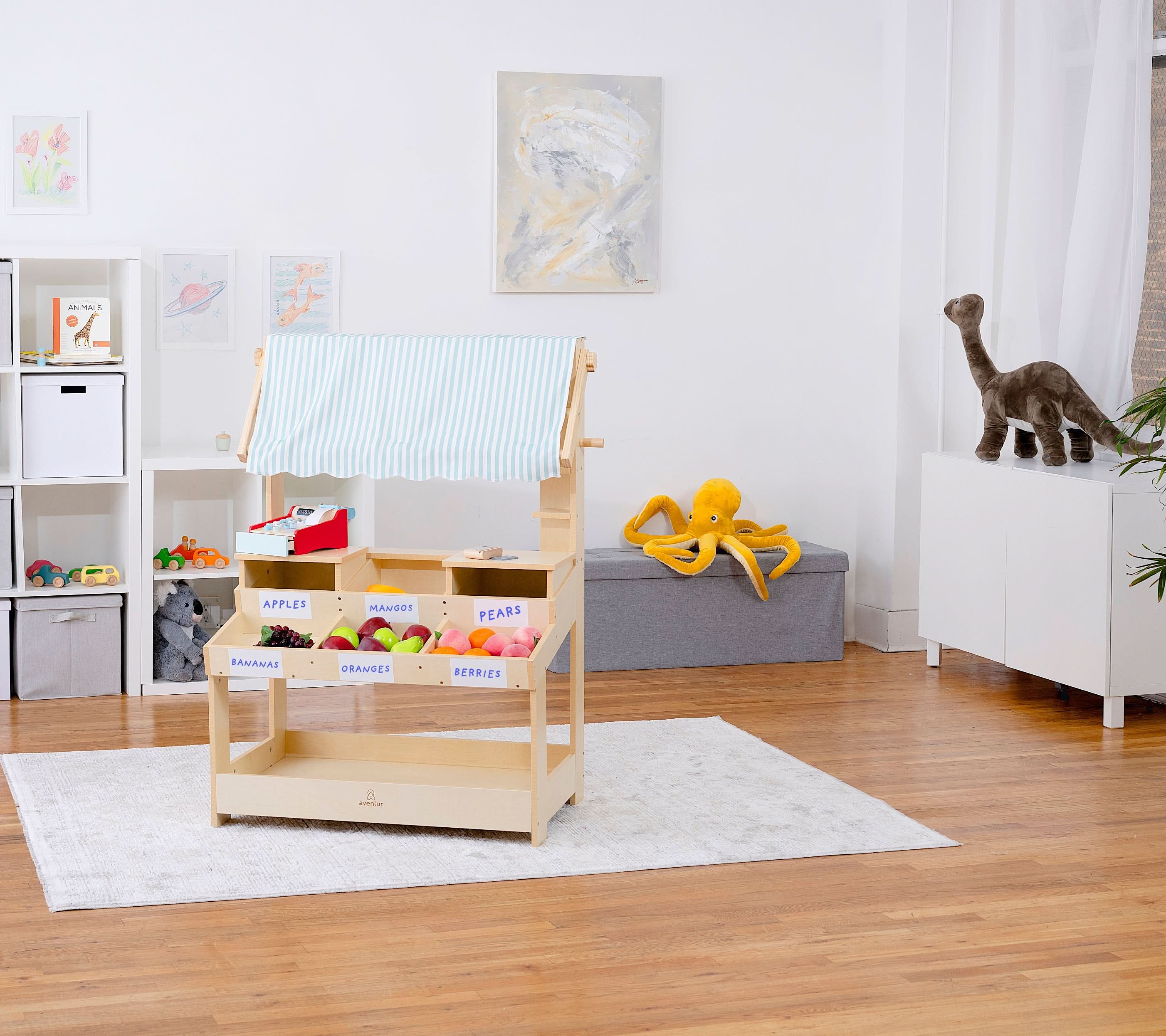 Cypress Wooden Market Stand – Pretend Play Shop for Kids with Storage - Image 15