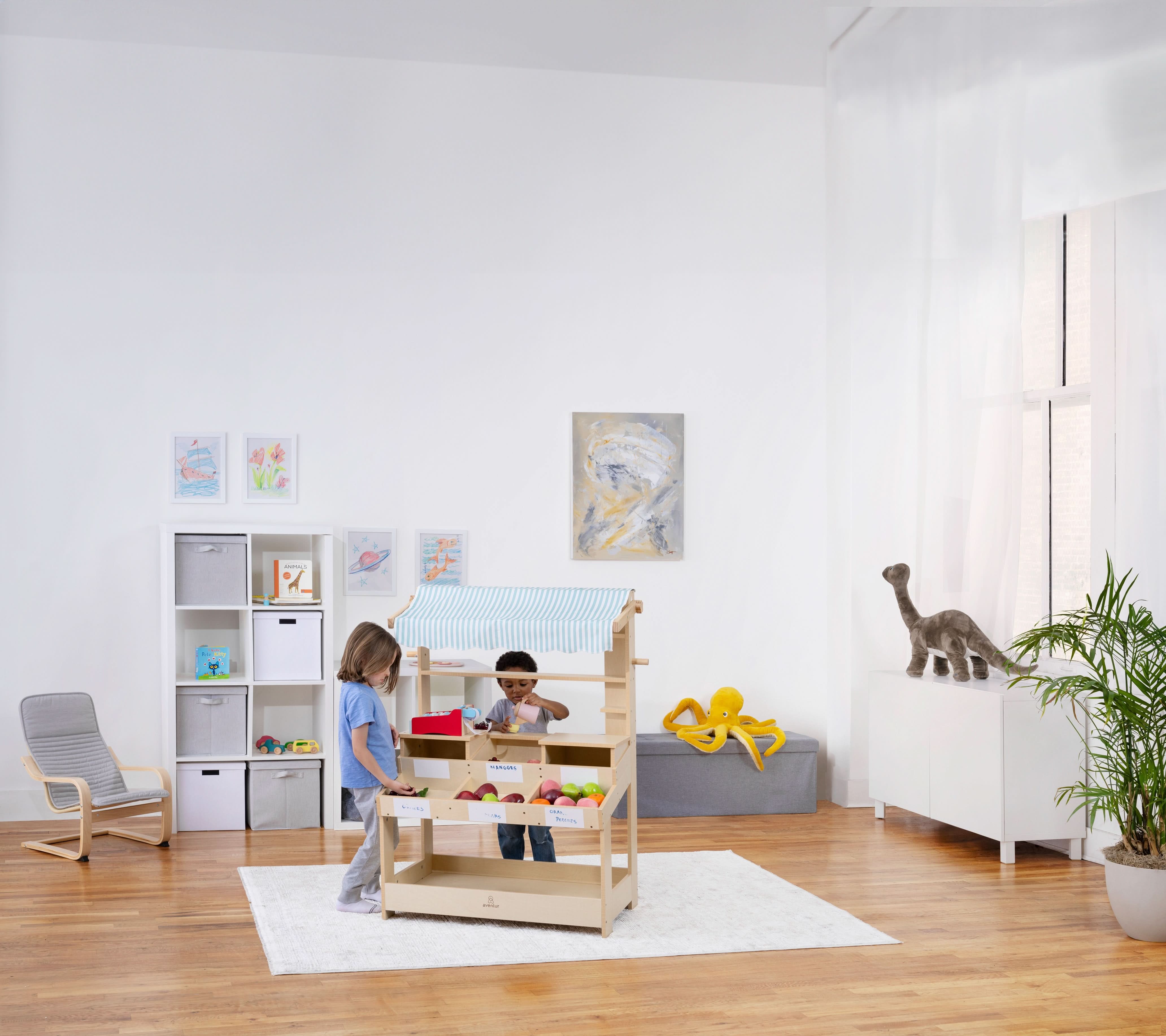 Cypress Wooden Market Stand – Pretend Play Shop for Kids with Storage - Image 17